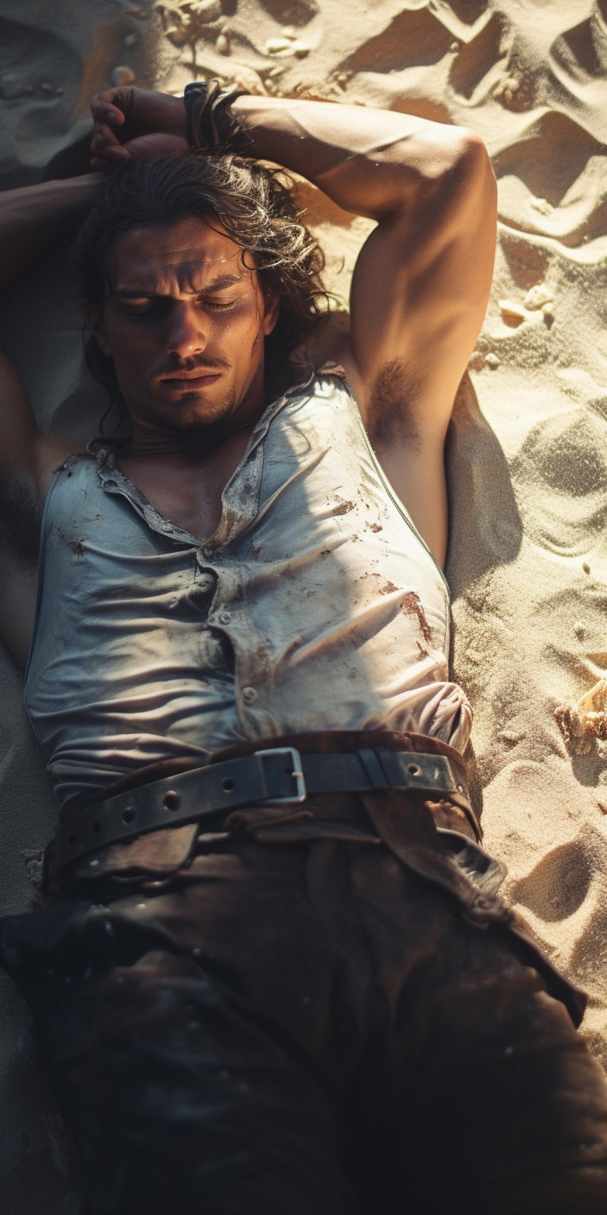 Muscular pirate lies on the coastal sand, top view, grainy photo, high resolution, depth of field, reflections and glare