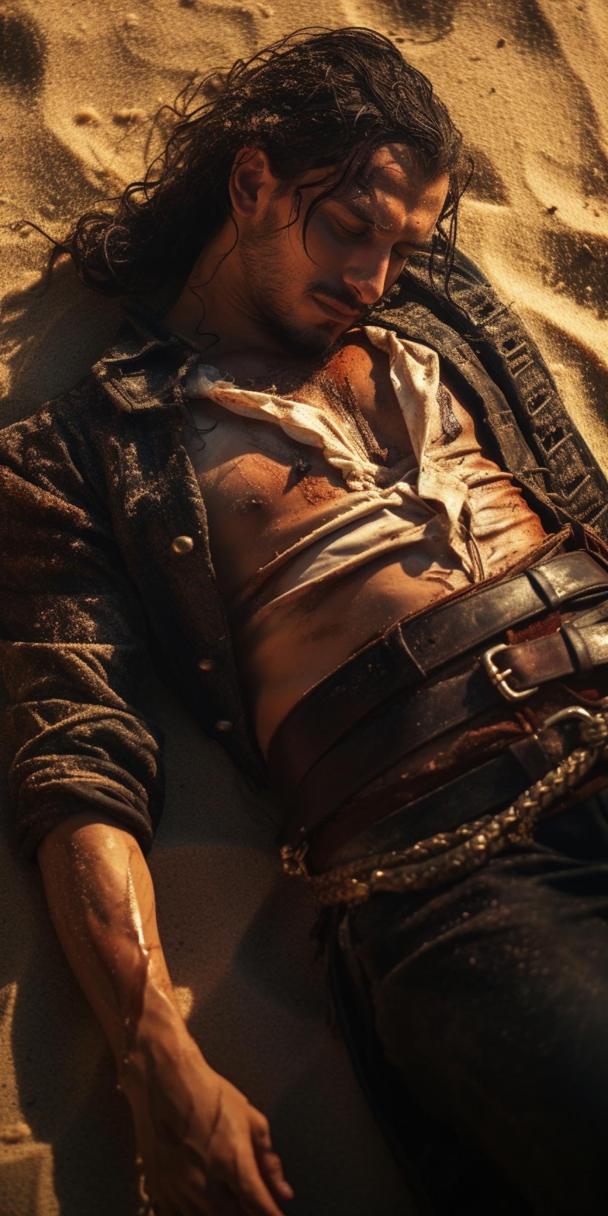 Muscular pirate lies on the coastal sand, top view, grainy photo, high resolution, depth of field, reflections and glare
