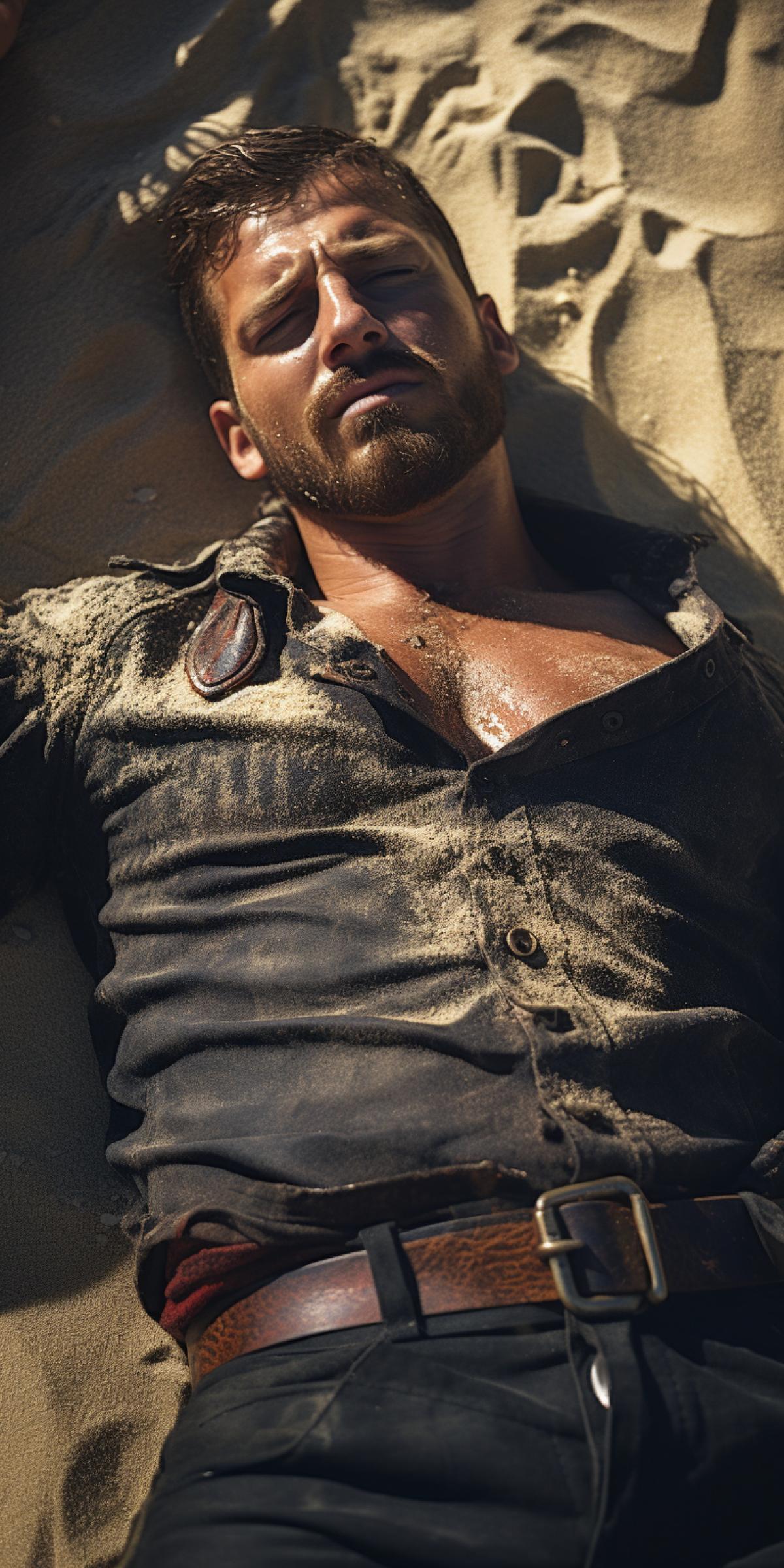 Muscular pirate lies on the coastal sand, top view, grainy photo, high resolution, depth of field, reflections and glare