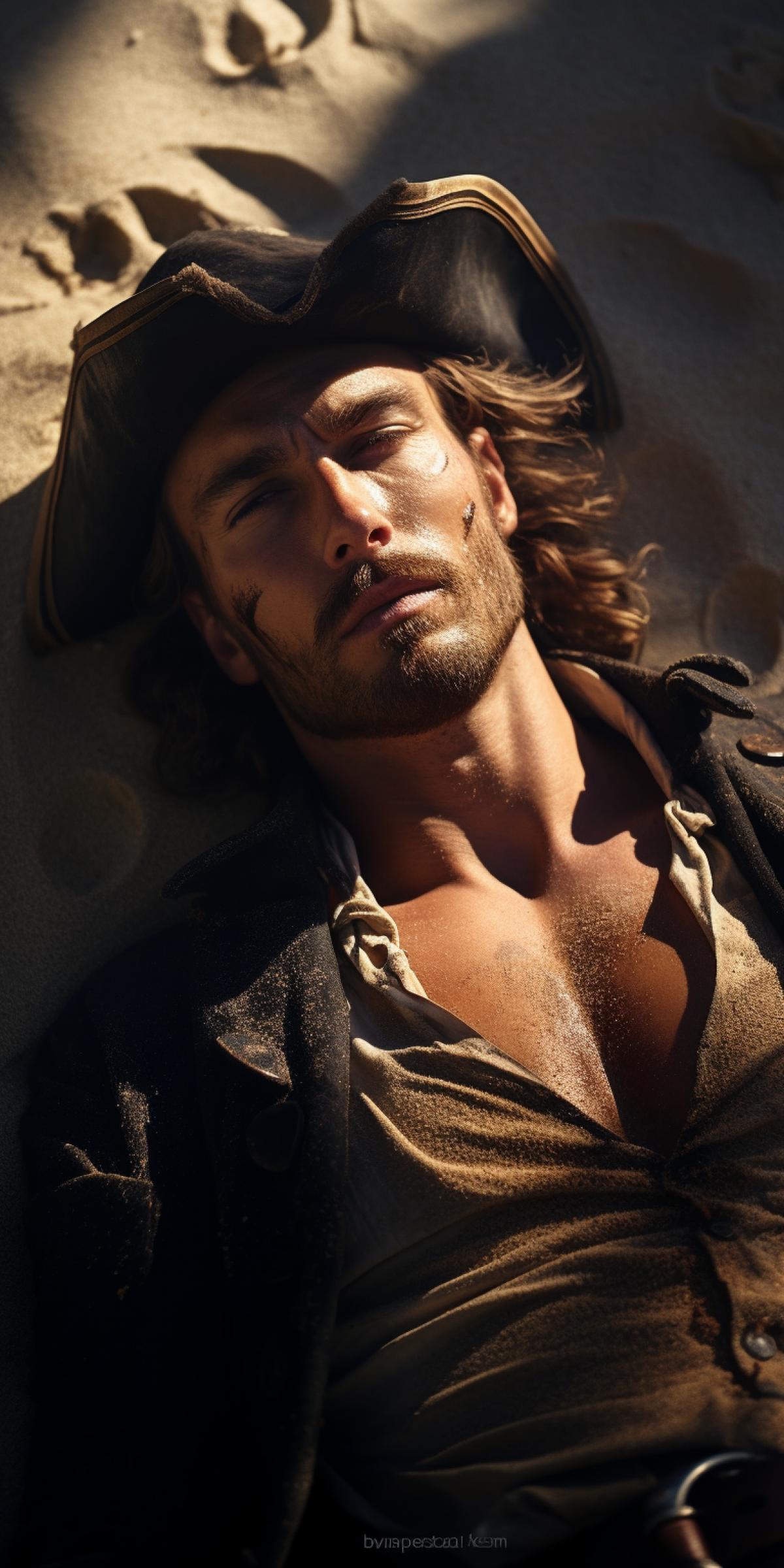 Muscular pirate lies on the coastal sand, top view, grainy photo, high resolution, depth of field, reflections and glare