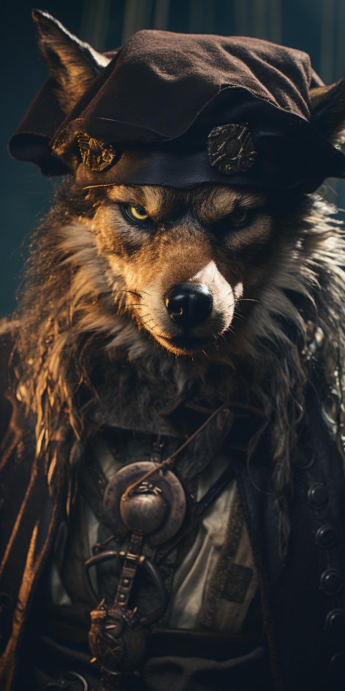 Anthropomorphic wolf as a pirate, grainy photo, high resolution, depth of field, reflections and glare