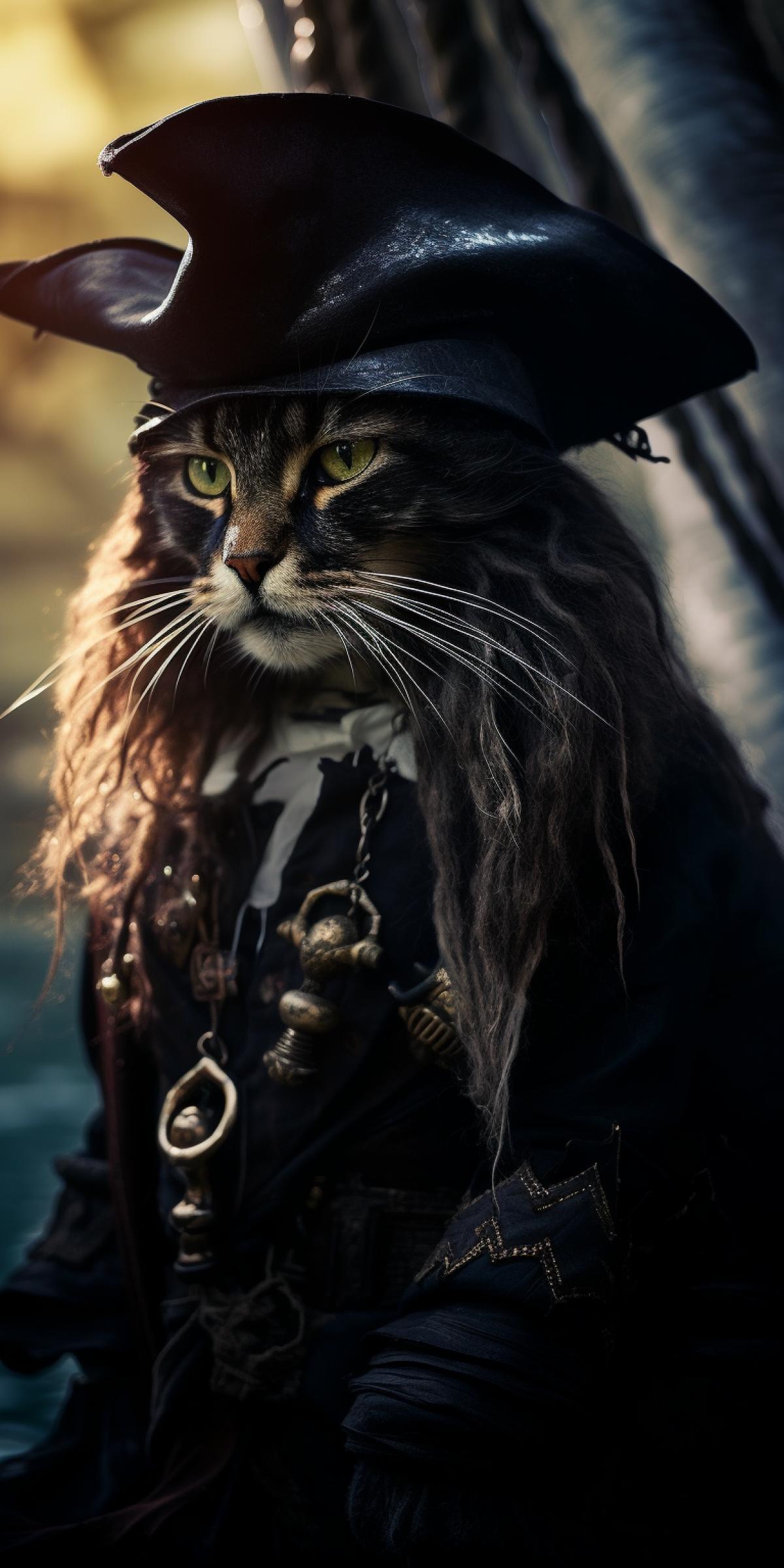 Anthropomorphic dark cat in the image of a pirate, grainy photo, high resolution, depth of field, reflections and glare, palm leaves background