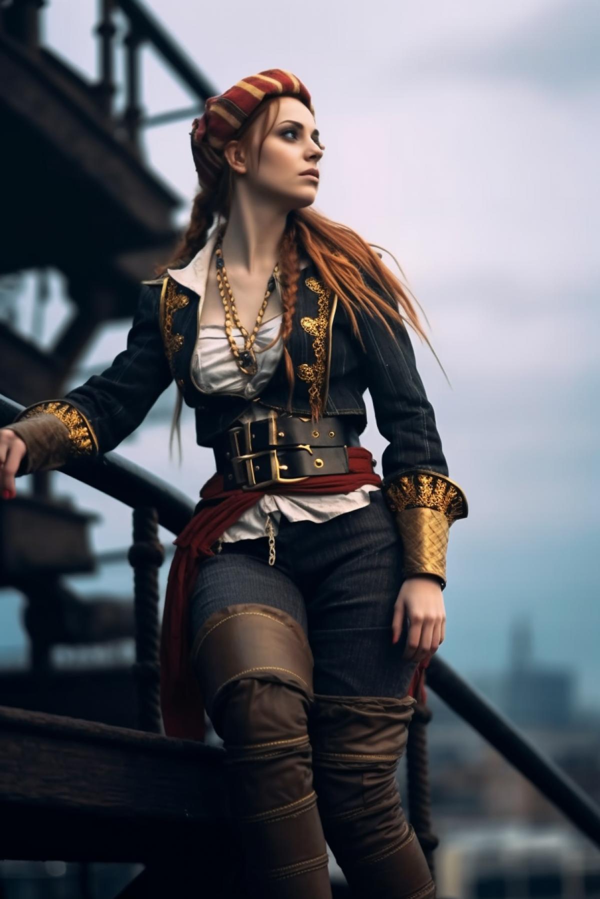a woman in a pirate costume standing on the deck of a ship, a character portrait, Artstation contest winner, emma watson as mona lisa, female pirate, stefan koidl inspired, dressed in crustpunk clothing