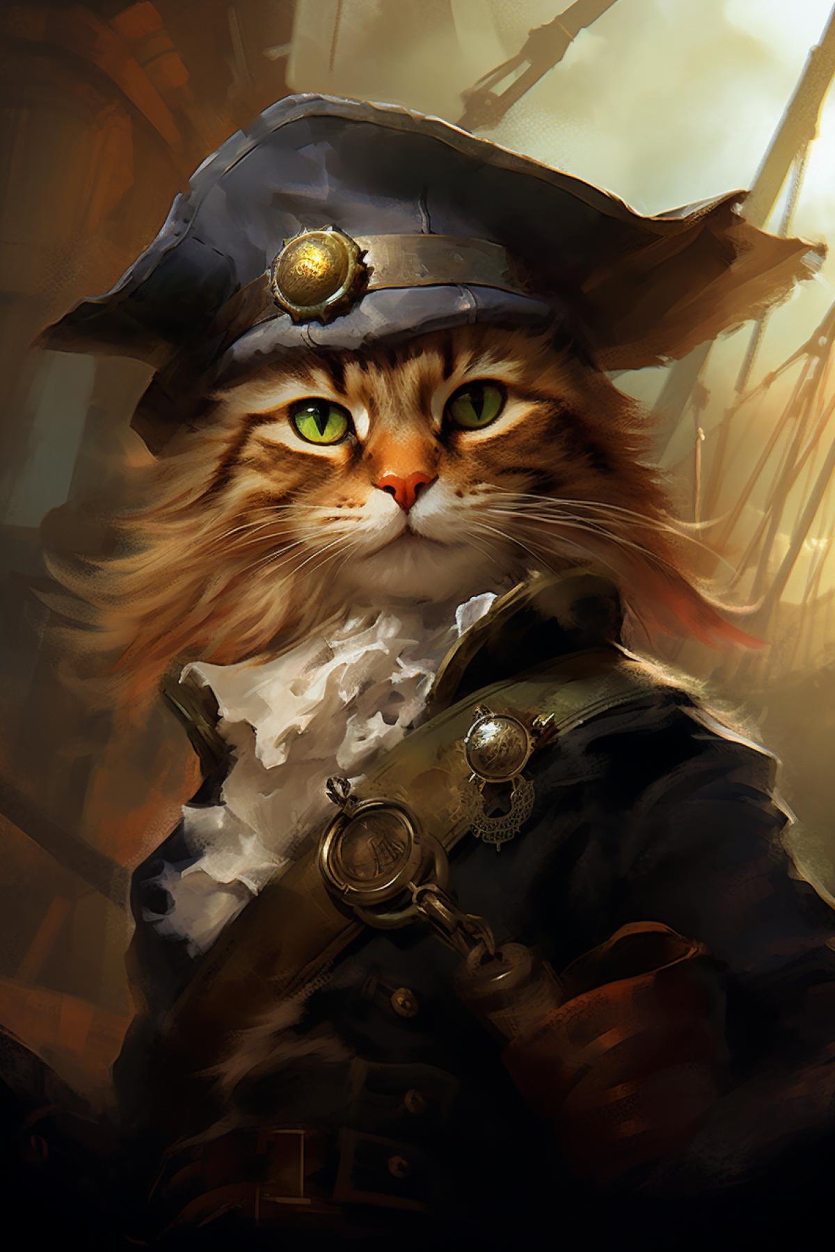 Cat humanization in a pirate hat with a spyglpirate painting