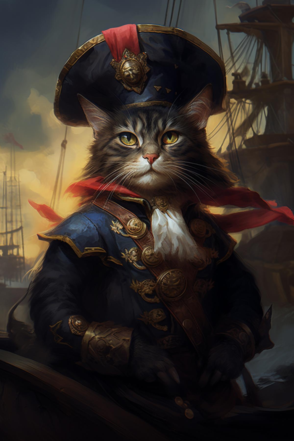 Cat humanization in a pirate hat with a spyglpirate painting
