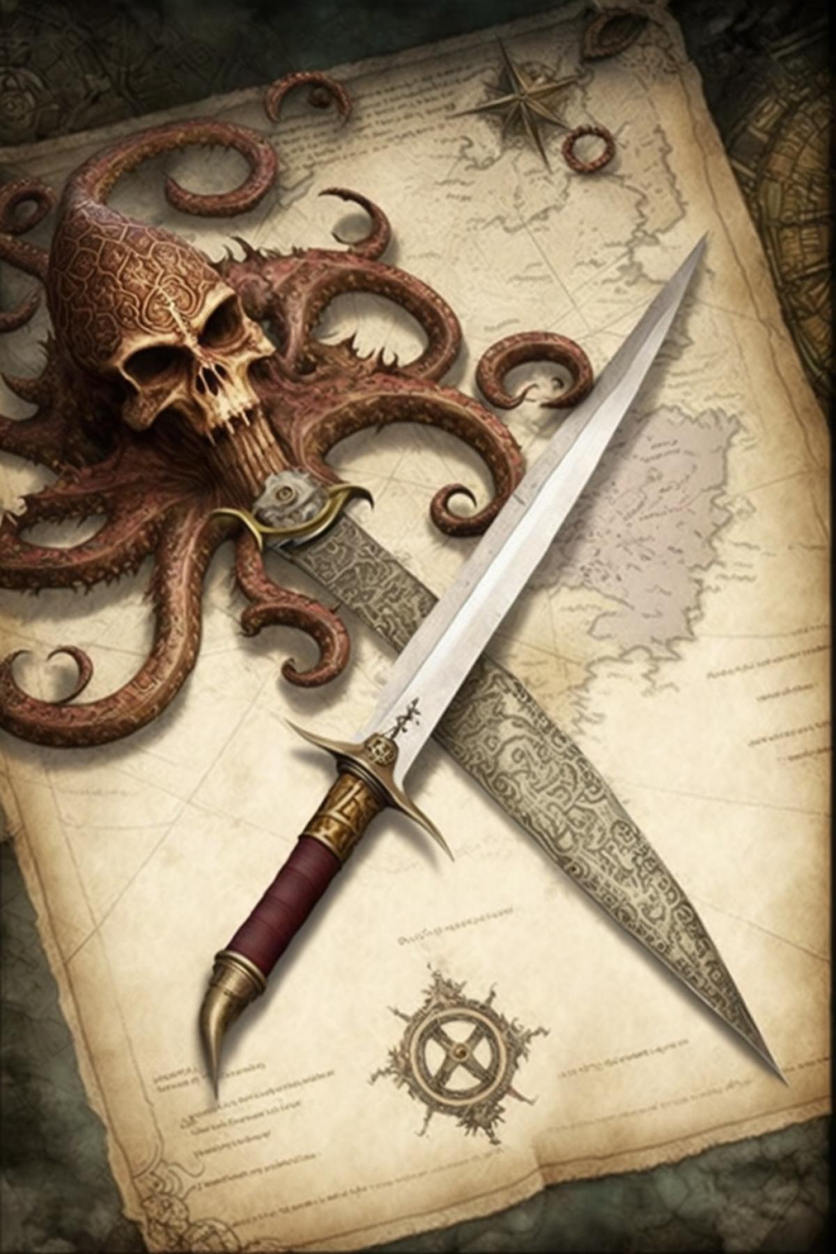 an octopus wind rose on a very old pirate map, with a pirate saber stuck into the map