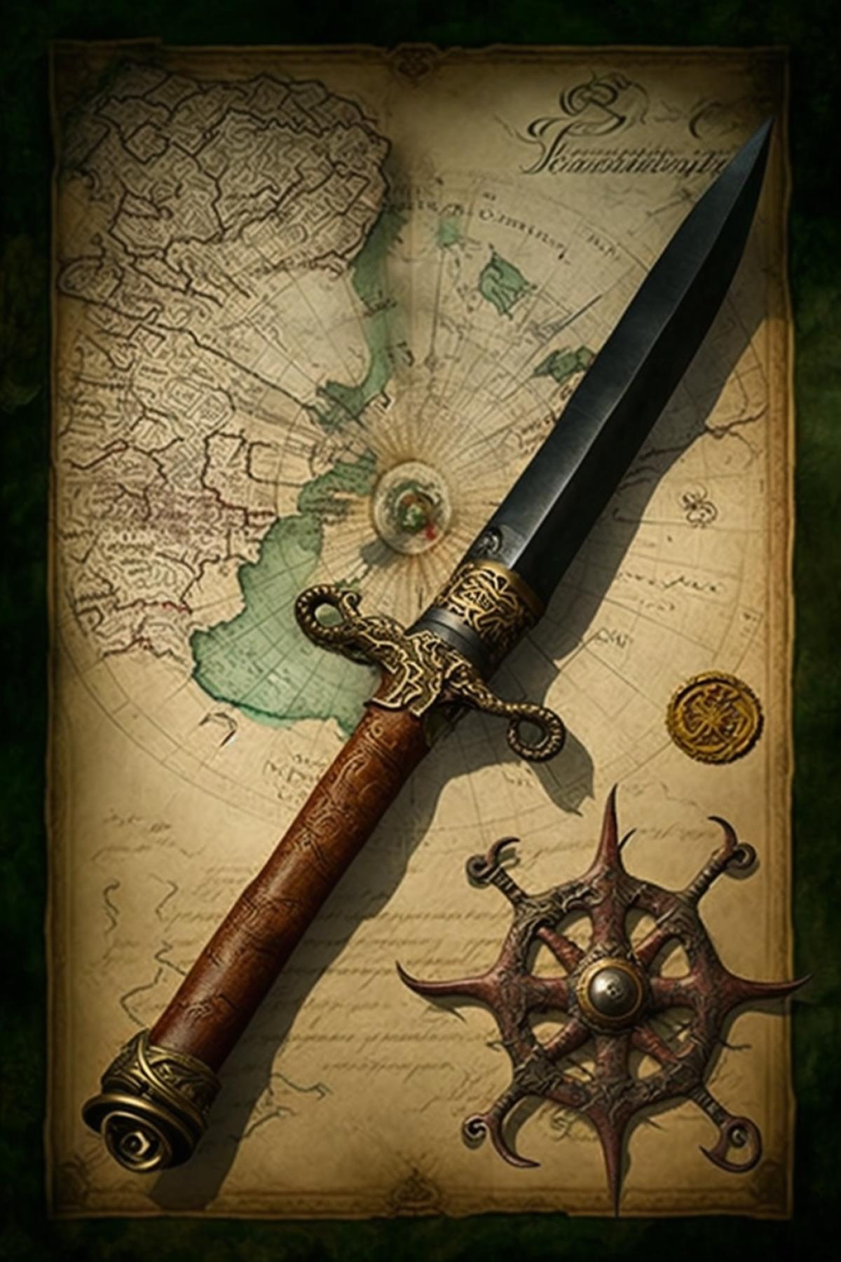 an octopus wind rose on a very old pirate map, with a pirate saber stuck into the map