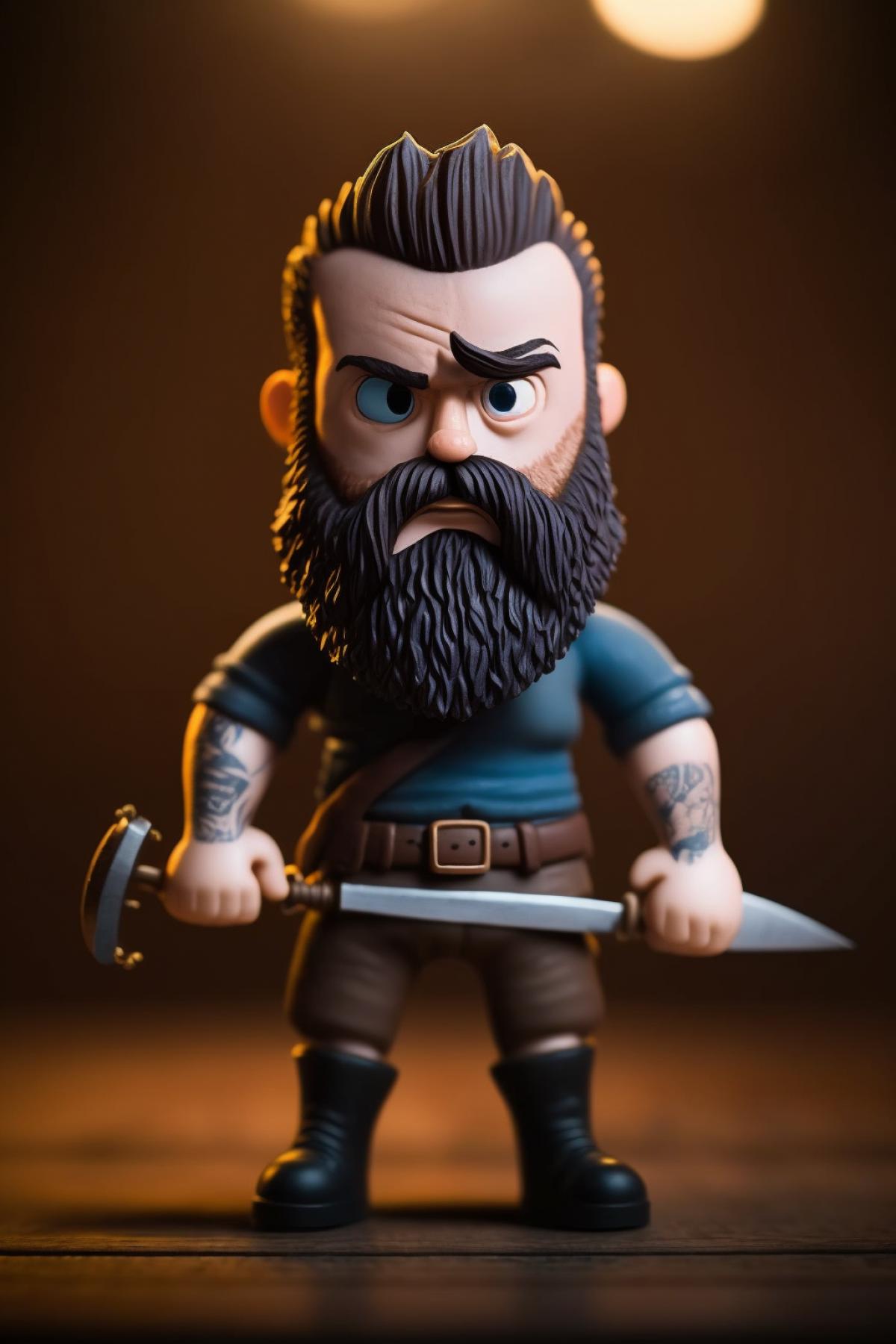 Full length portrait of a tiny angry bearded pirate on a pirate ship with a dagger in his hand, front view, big eyes, new realism, high detail, professional lighting, color grading s 250 raw style
