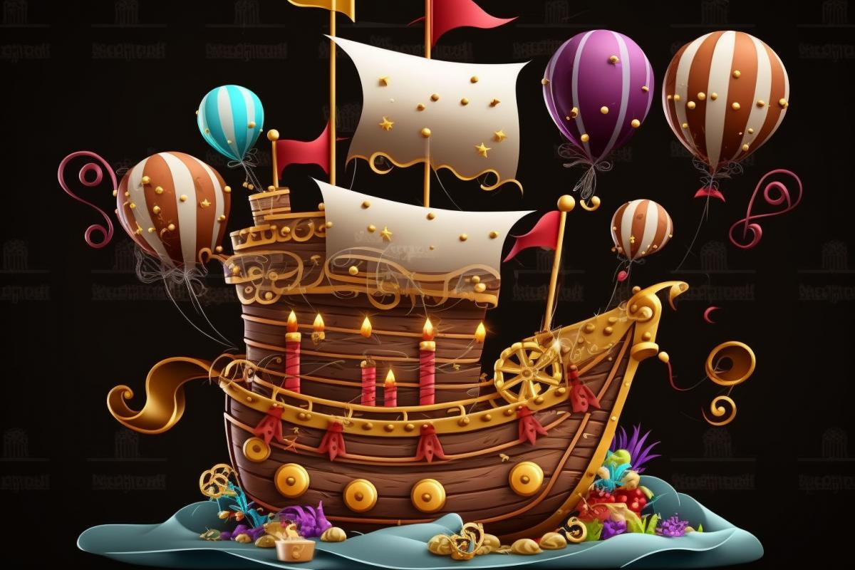 birthday cake in the form of a pirate ship and a treasure detailed, background childrens party, balloons, confetti, joy, laughter, smiles