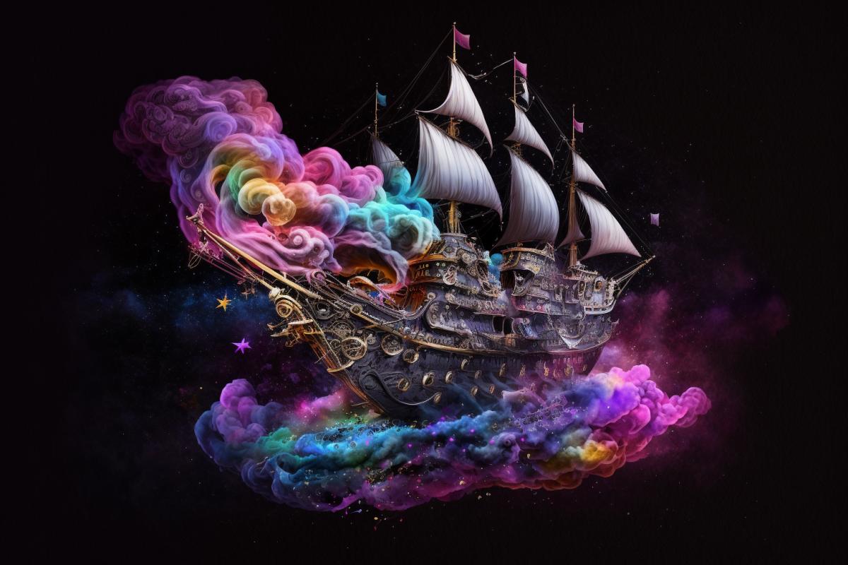 galaxies, spirals, space, nebulae, stars, smoke, iridescent, intricate detail, in the shape of a pirate ship, octane render, 8k