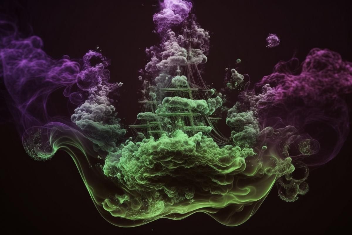 galaxies, spirals, space, nebulae, stars, smoke, iridescent, intricate detail, in the shape of a pirate ship, octane render, 8k