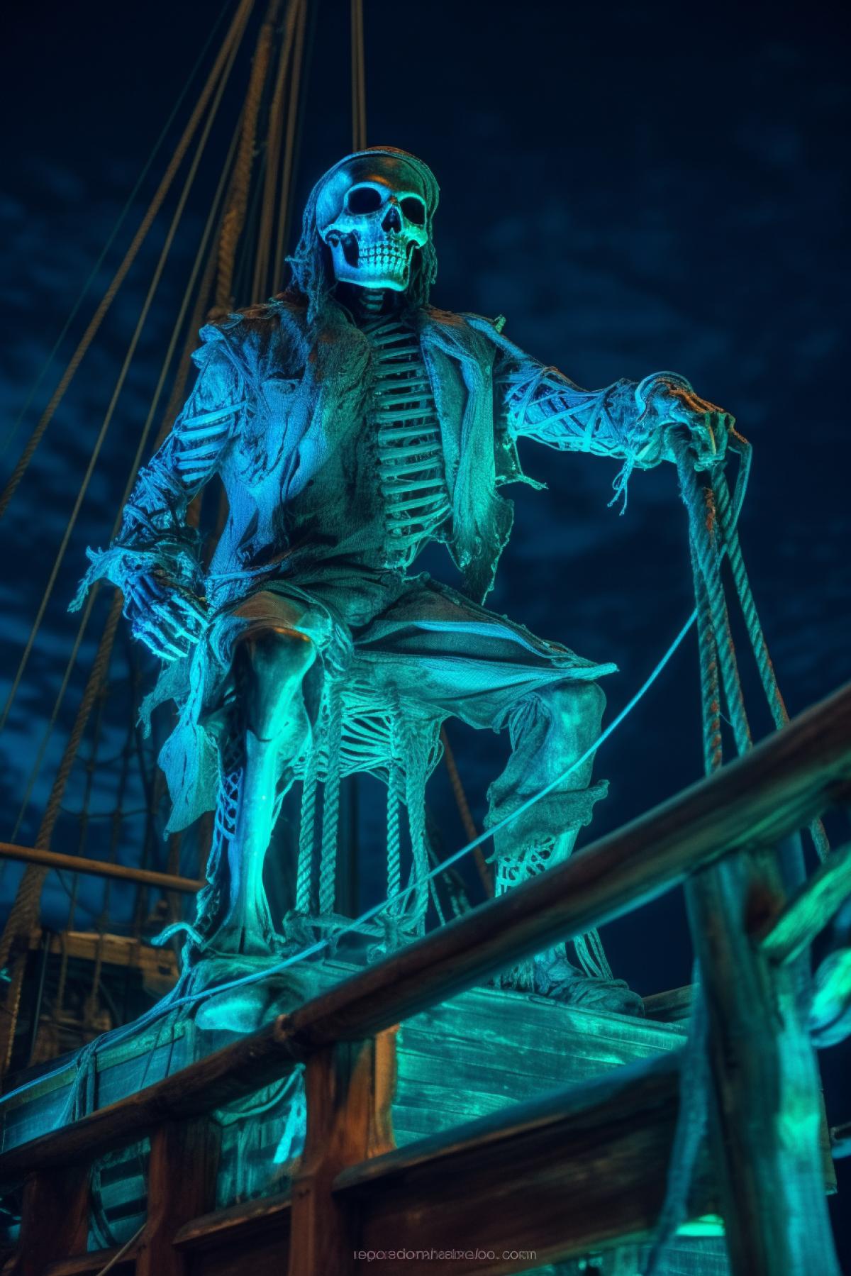 night, sea, a dead pirate stands at the helm on a pirate ship of the dead, blue, green white neon