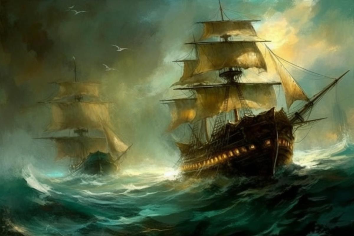 a pirate ship boarded a merchant ship, there is a battle on the deck