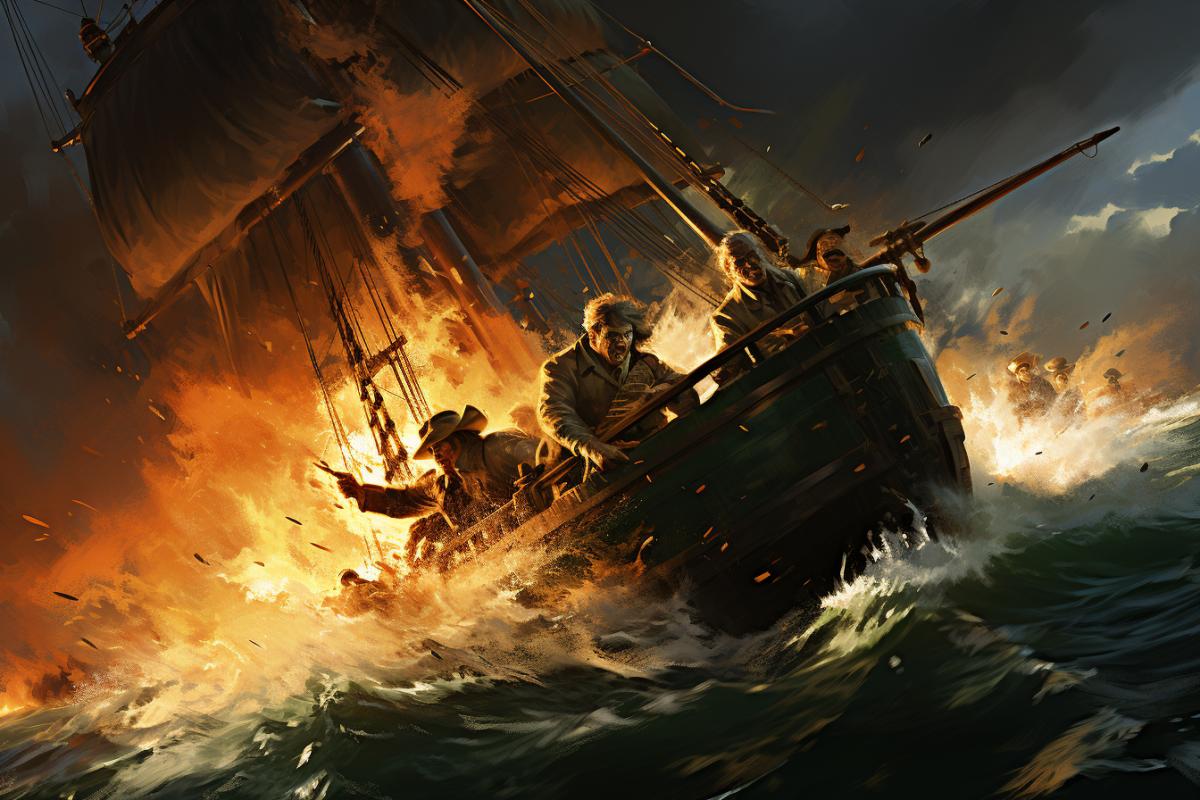 pirate battle on the deck of a ship, pirates, sabers, pistols, masts, yardarms, sails, parrot
