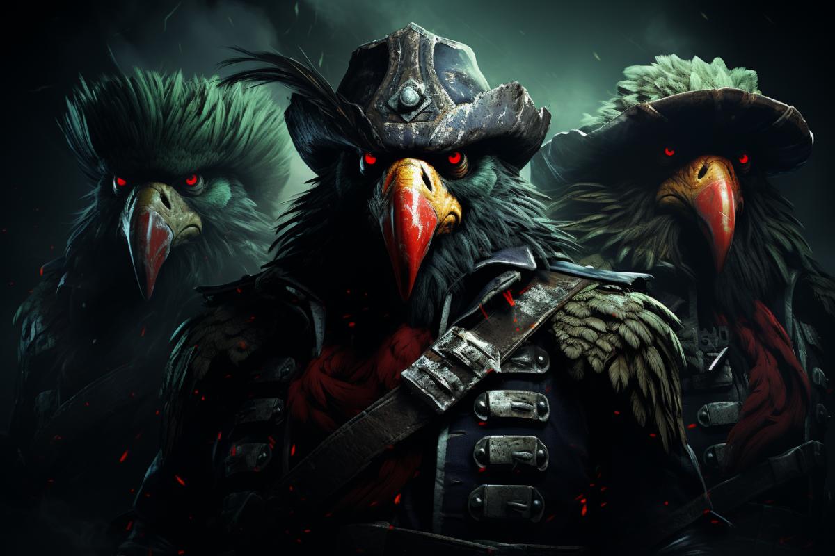 pirate battle on the deck of a ship, pirates, sabers, pistols, masts, yardarms, sails, parrot