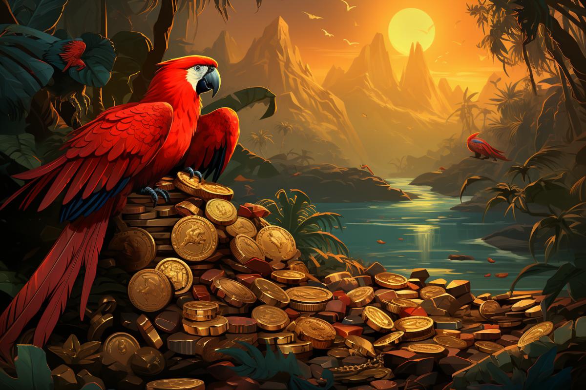 Open detailed with gold coins and jewelry, on the sandy shore, sea, palm trees, rocks, pirate schooner, pirate saber androcketed hat, large macaw parrot