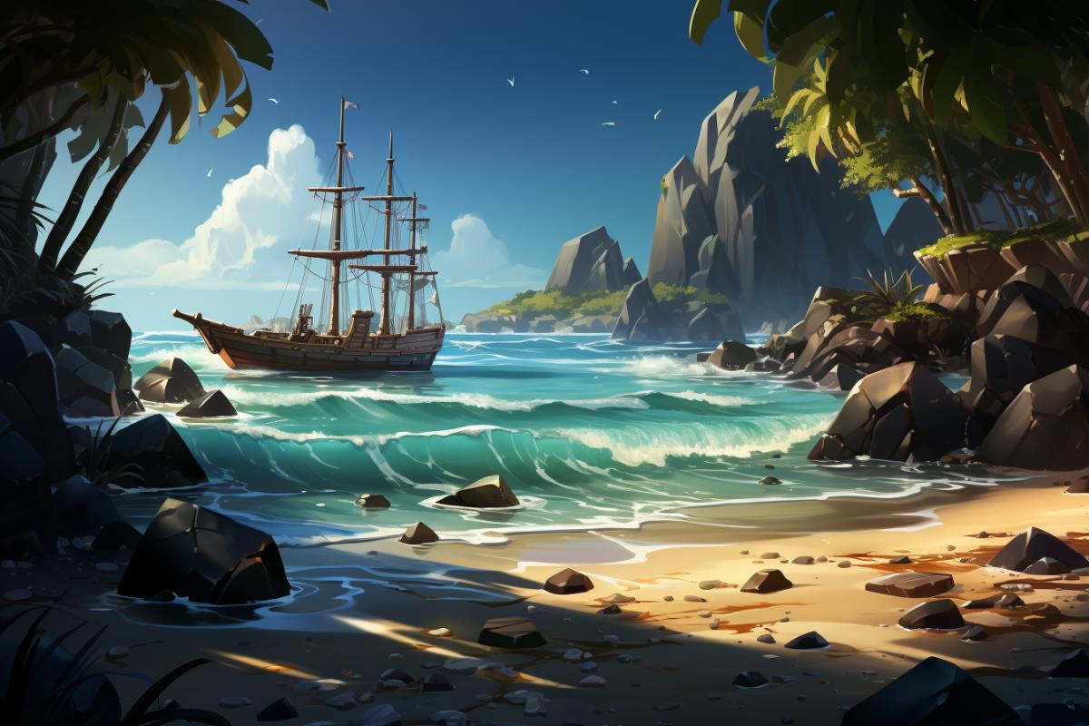 Open detailed with gold coins and jewelry, on the sandy shore, sea, palm trees, rocks, pirate schooner, pirate saber androcketed hat, large macaw parrot