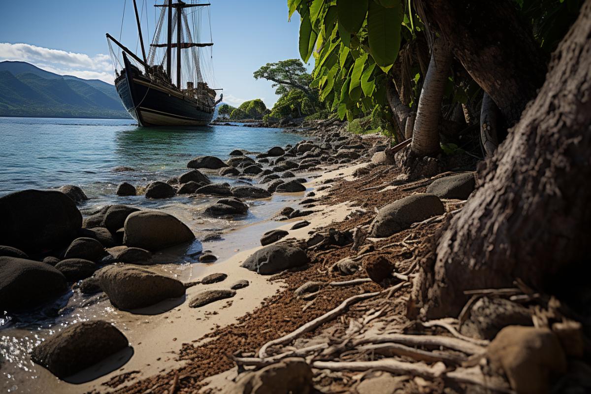 pirate schooner in a secret bay on a pirate island, palm trees, rocks, parrots