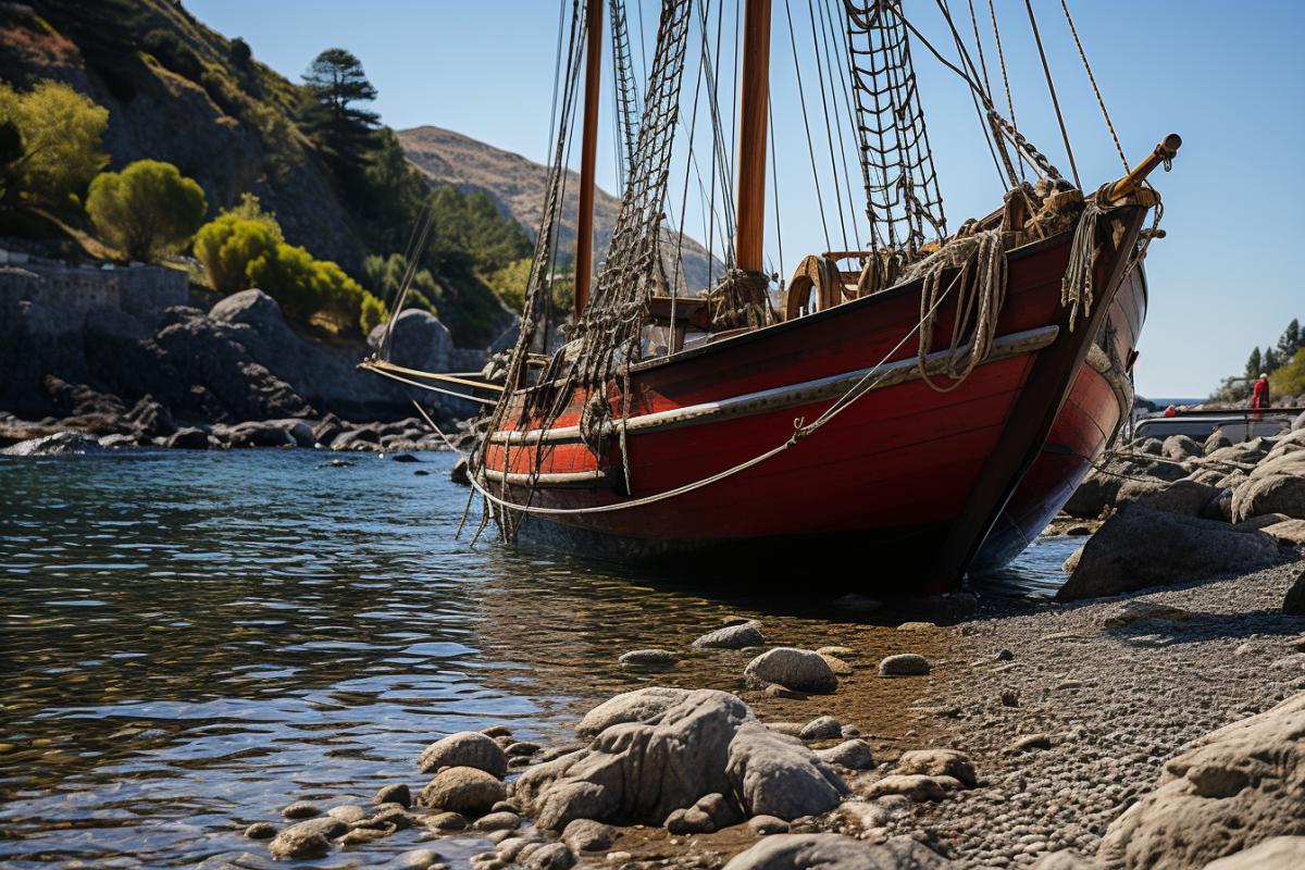 pirate schooner in a secret bay on a pirate island, palm trees, rocks, parrots