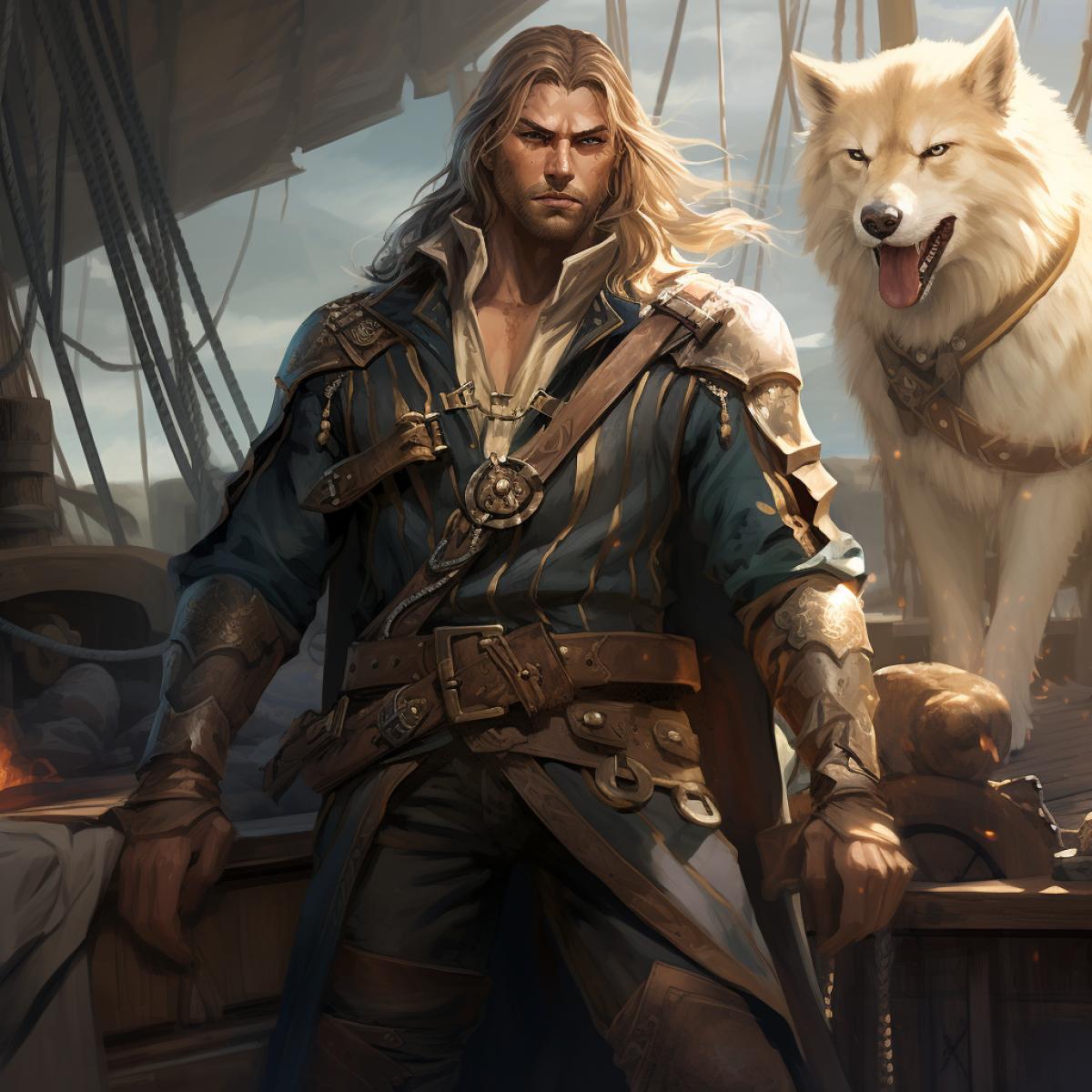pathfinder Kingmaker art style of human pirate in leather armor Long wavy blonde hair and blue eyes Handsome kind face and charming smile Full body Knives are his preferred weapons Standing on the deck of pirate ship He has wolf companion that never leaves his side Very detailed face