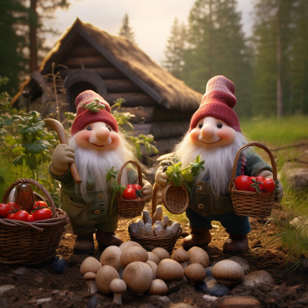 Living gnomes harvest potatoes in the village