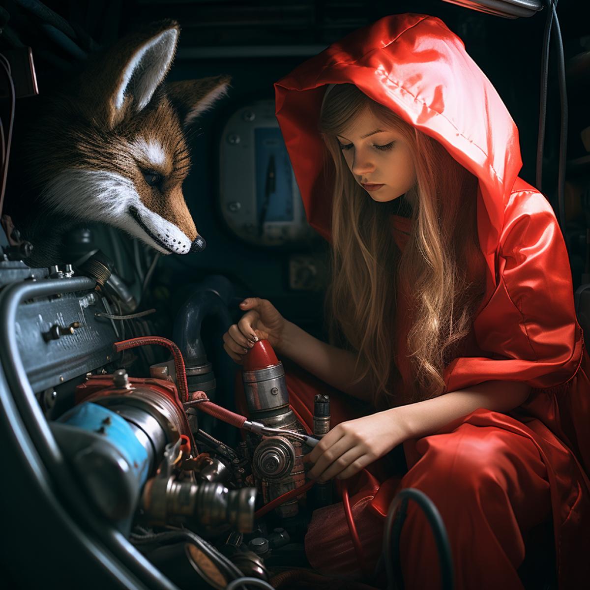 Little Red Riding Hood works in a car service, realism, photo