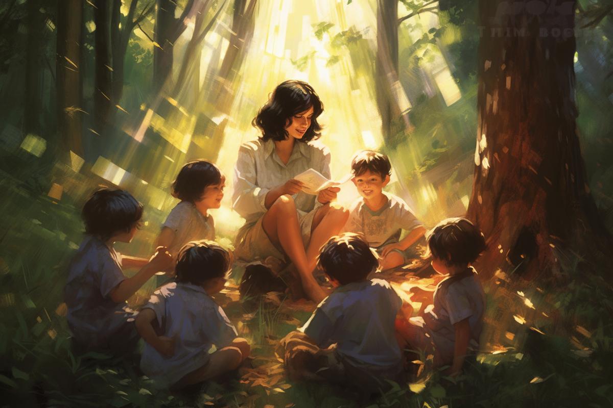 a yard of a forest dwelling, a young beautiful dark-haired woman sitting in a chair, seven little boys playing with a ball, sunrays through leaves and trees