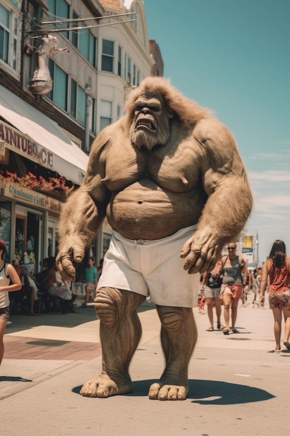 a big city street is walking a big troll in beach shorts