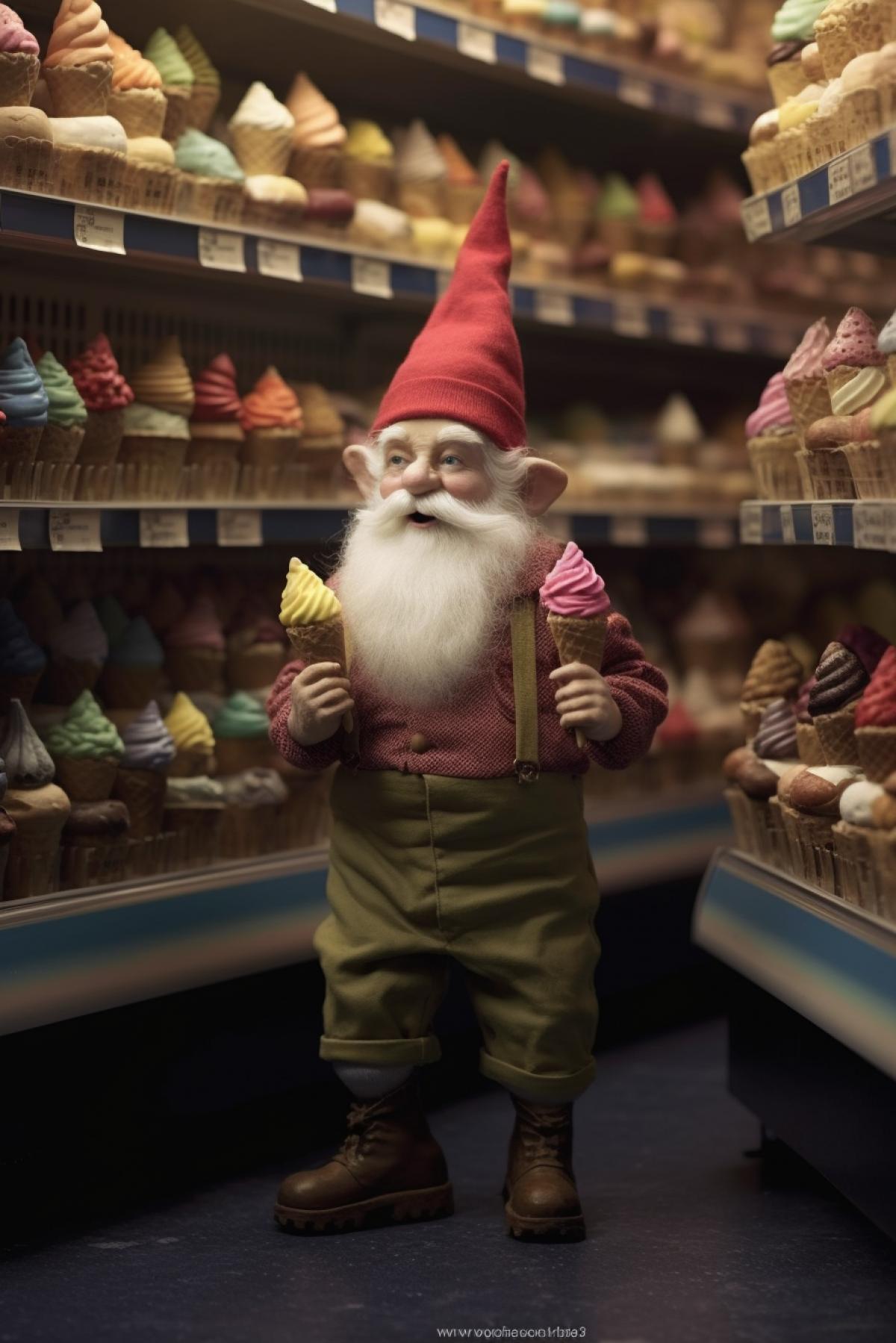 real gnomes buy ice cream in the supermarket, photorealism