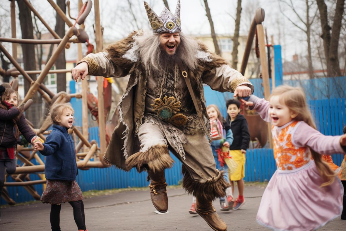 Baba Yaga plays on the playground with children