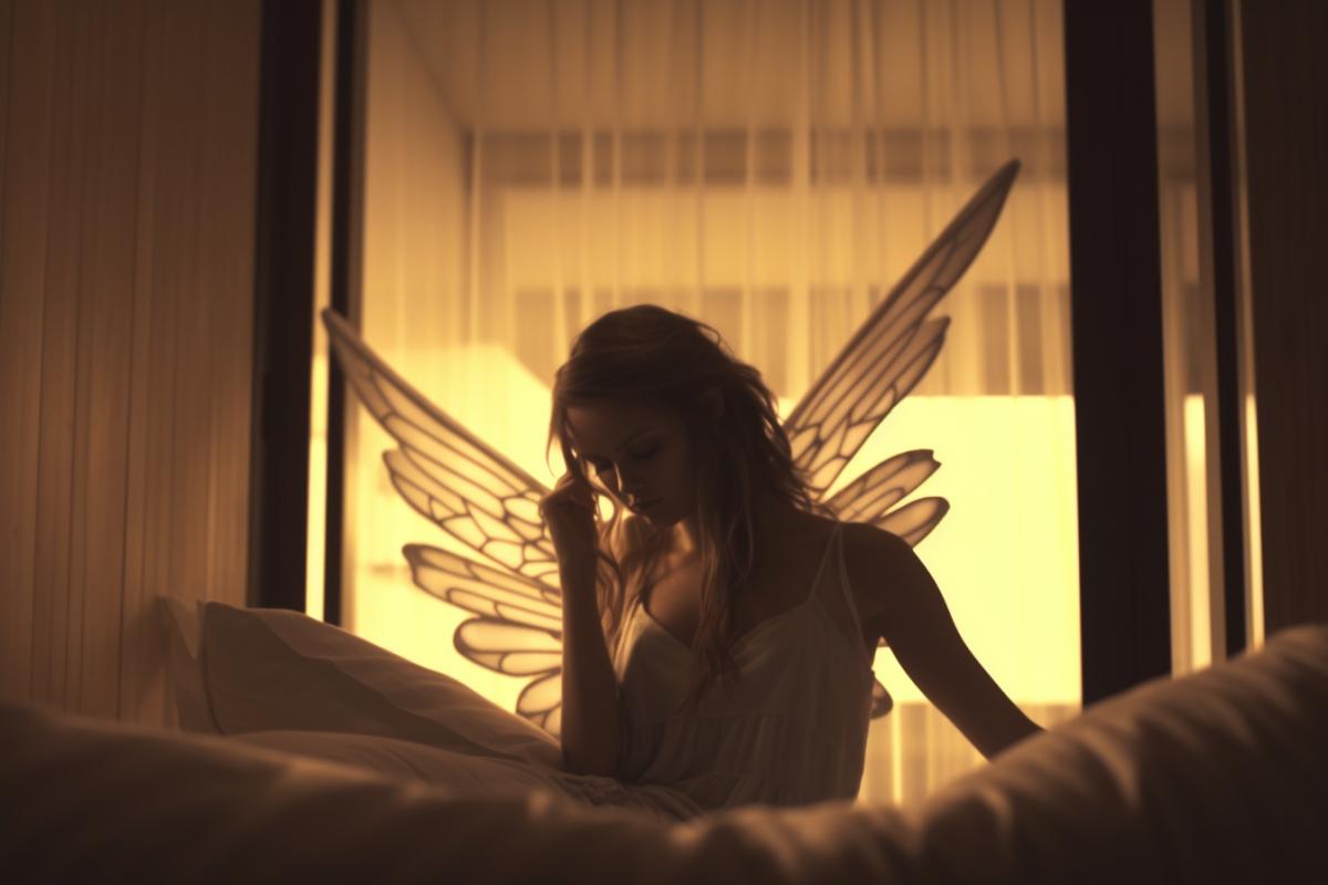 Cinematic shot, beautiful fairy with pearly wings, lying on a bed facing you in a high-tech hotel room, with her head in her hands, wings spread up, detailed face, feminine 4k, organic interior, Cinematic Shadow Contouring c 5 style raw