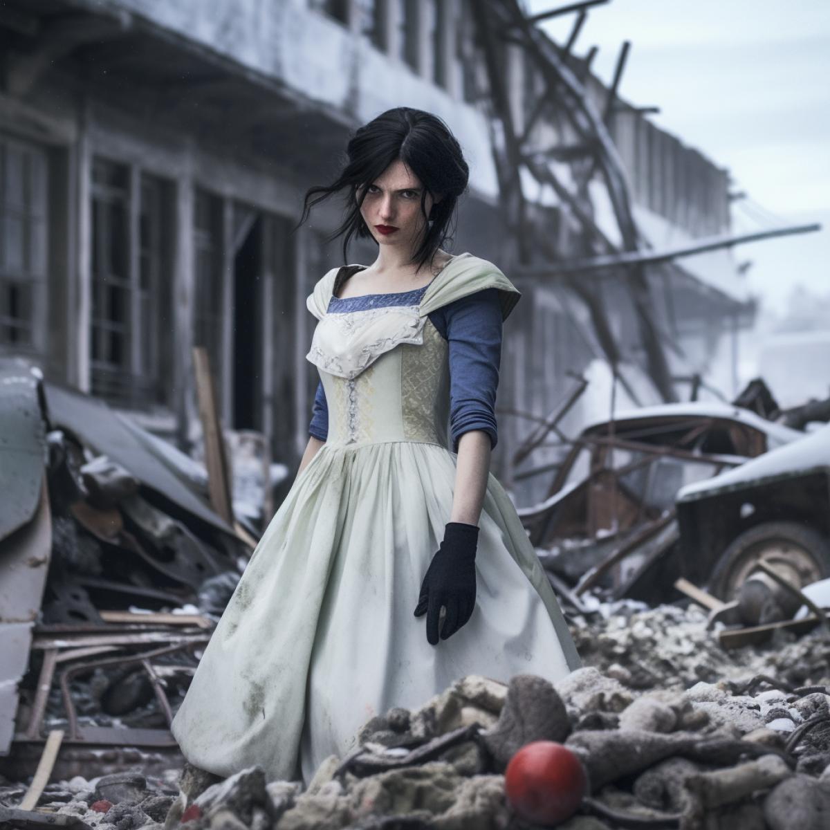 Snow White, in her iconic scene, where her dress billows up from a gust of wind, stands defiantly amidst a post-apocalyptic landscape reminiscent of “The Walking Dead”, the decaying buildings, abandoned vehicles, and desolate streets amplify the sense of danger and despair, captured in a cinematic style, with dramatic lighting, intense shadows, and a wide-angle lens to convey the vastness of the apocalyptic world