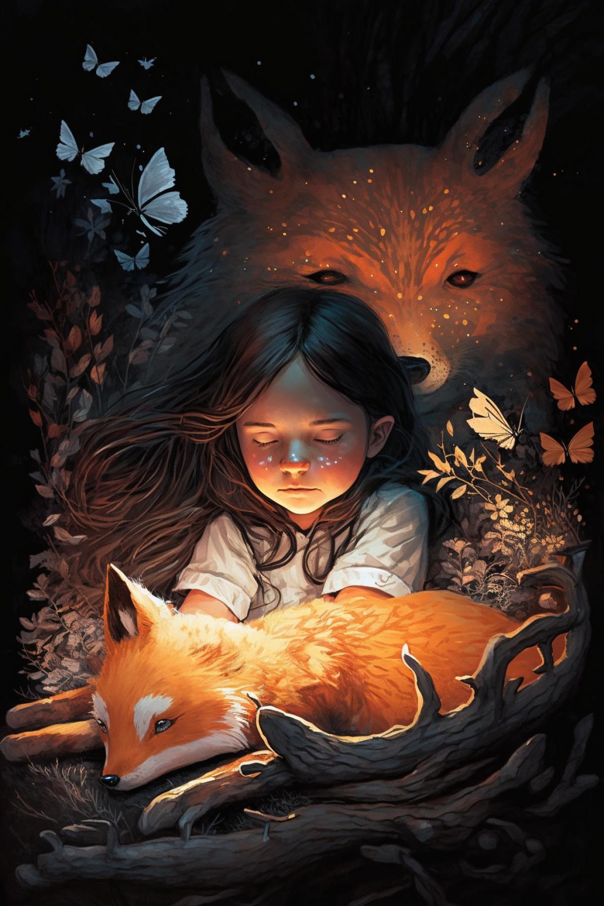 A little girl with white skin and jet dark hair lies next to a huge fire fox who is sleeping. around them trees, they surround them from all sides. but in the distance you can see the village. The little girl and the fox are guarded by butterflies, squirrels, rabbits, mice and fireflies