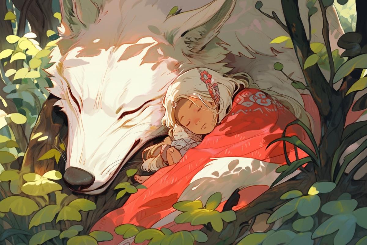 childrens illustration, a kind fairy-tale wolf takes a small sleeping child into the forest, under raspberry bushes
