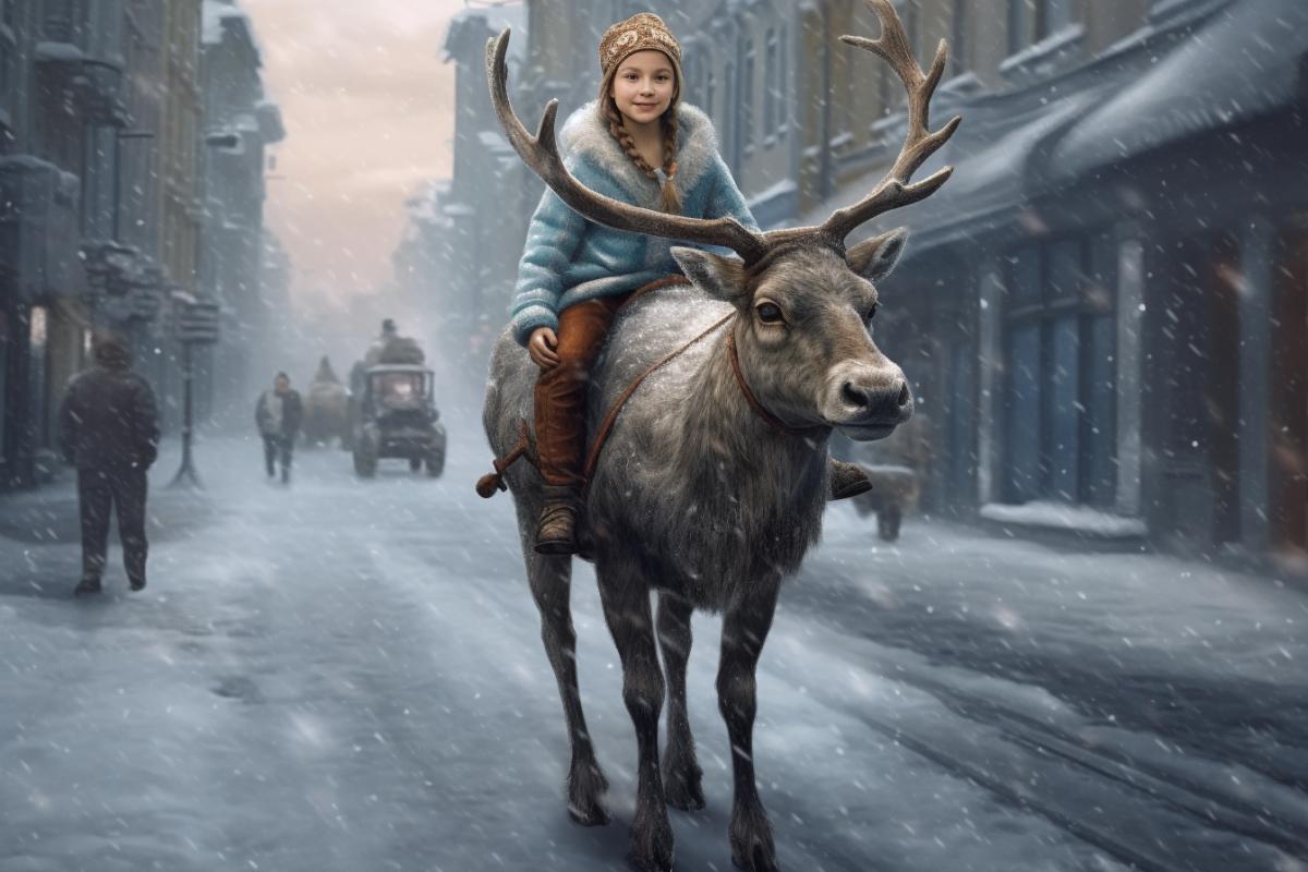 Reindeer, galloping along the city street, carries a little girl on his back, who sits astride his back, and hugs him by the neck