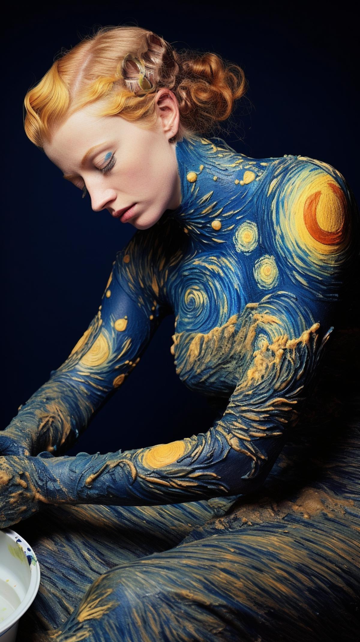 Van Gogh painting on a womans body. Body art.