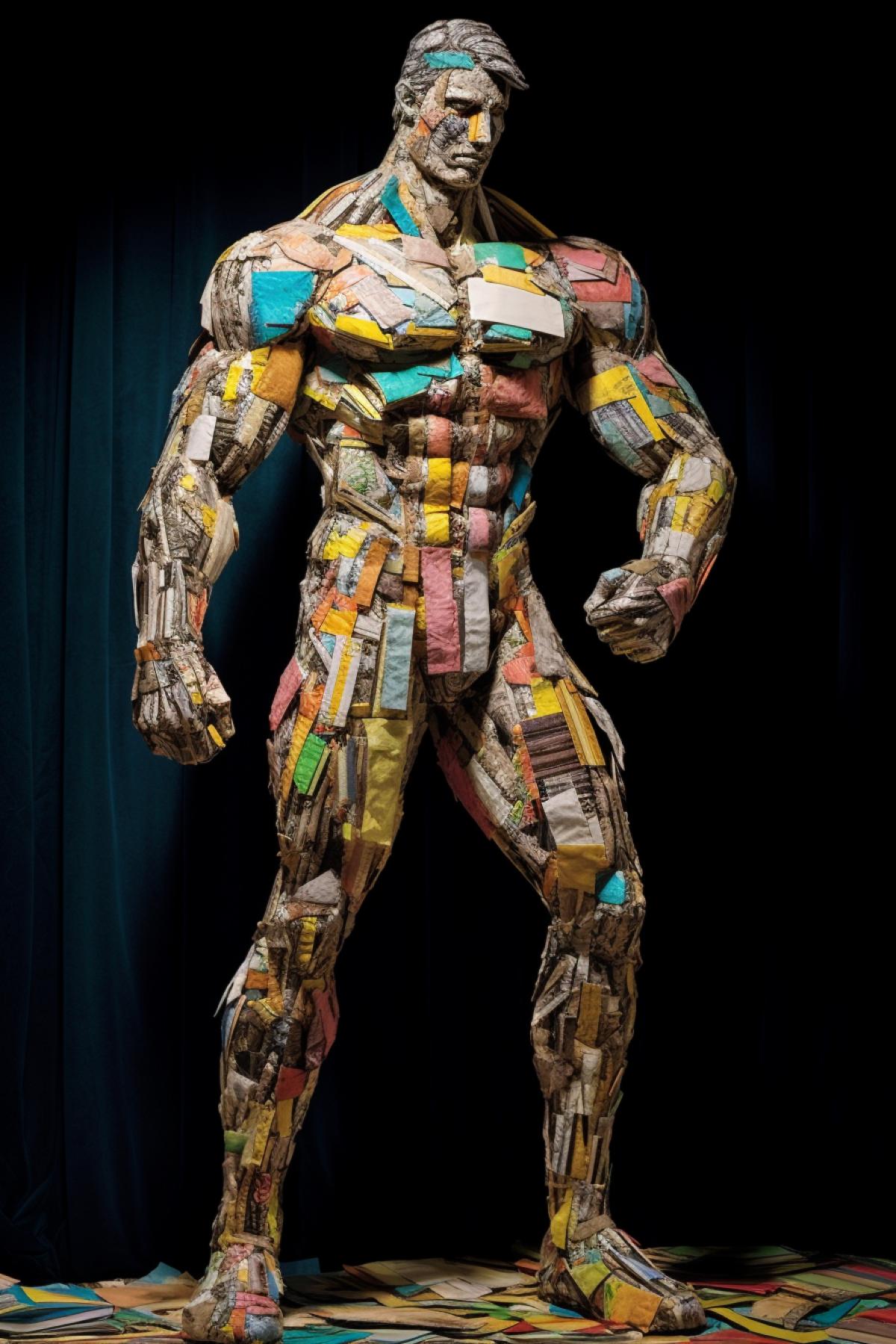 full-length muscular body of a man made up of book pages and magazines, neon