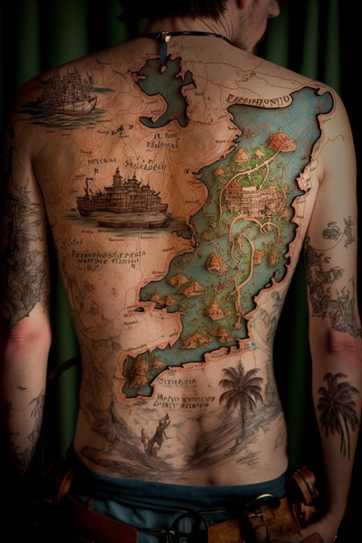 Map of treasure island in the form of a tattoo on the whole body.