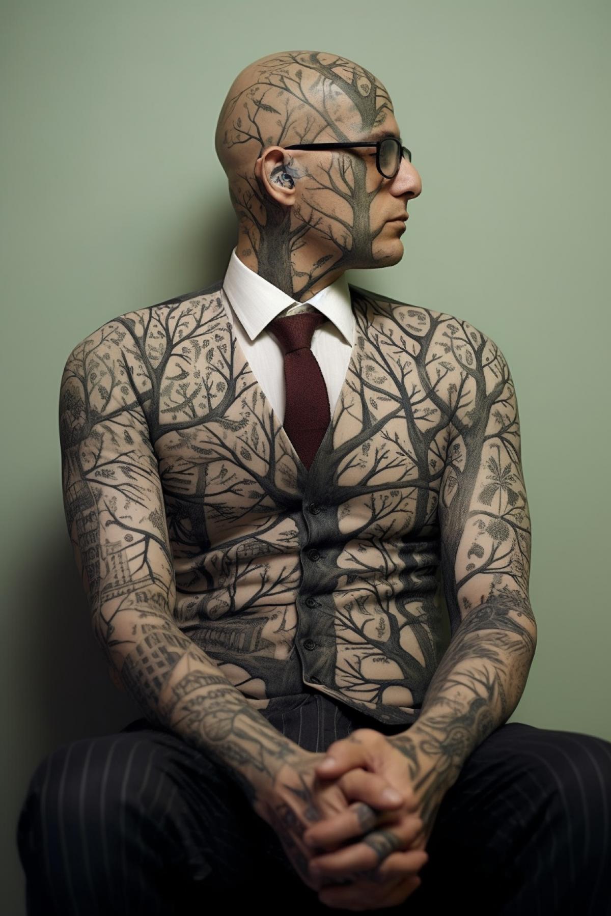 A man with a tree drawn on his skin that turns into lines from books