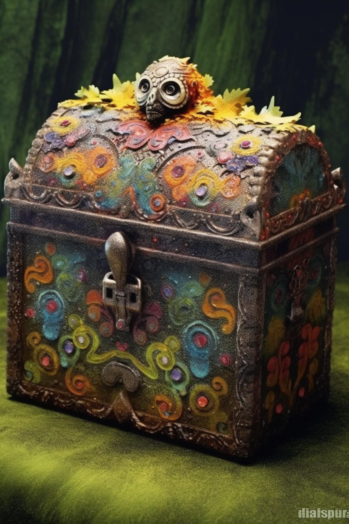 A magic detailed stands in the grin the forest, it contains shiny multi-colored stones, gems, grass, moss, flowers grow around, in the style of high detail