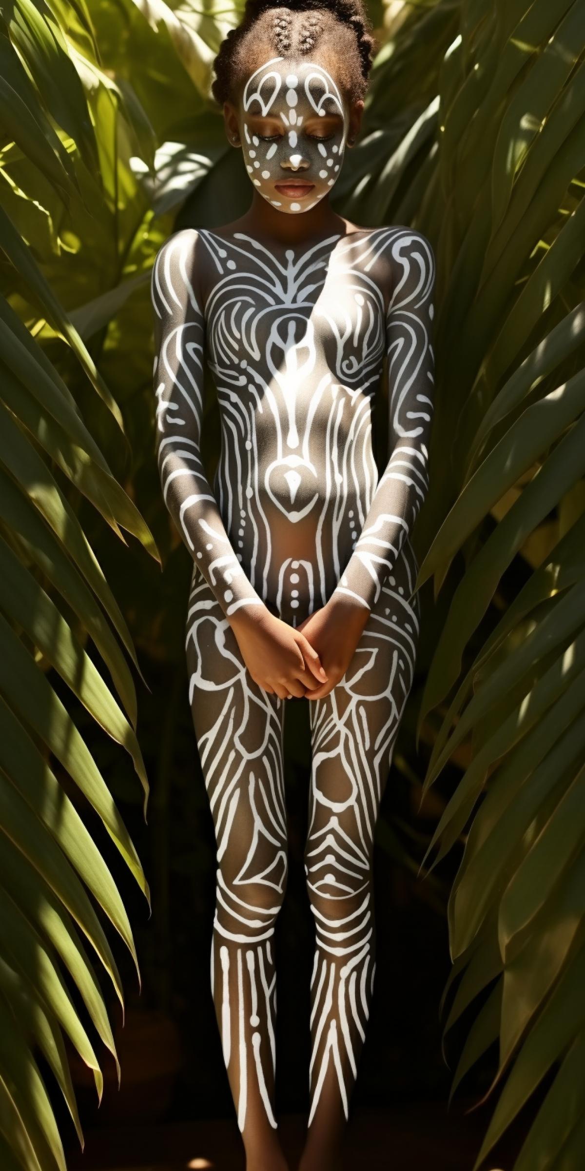 Cute African girl whose body is painted with white national patterns, Body art, full-length figure, high resolution, depth of field, reflections and highlights, grainy photo, background shadow from palm leaves