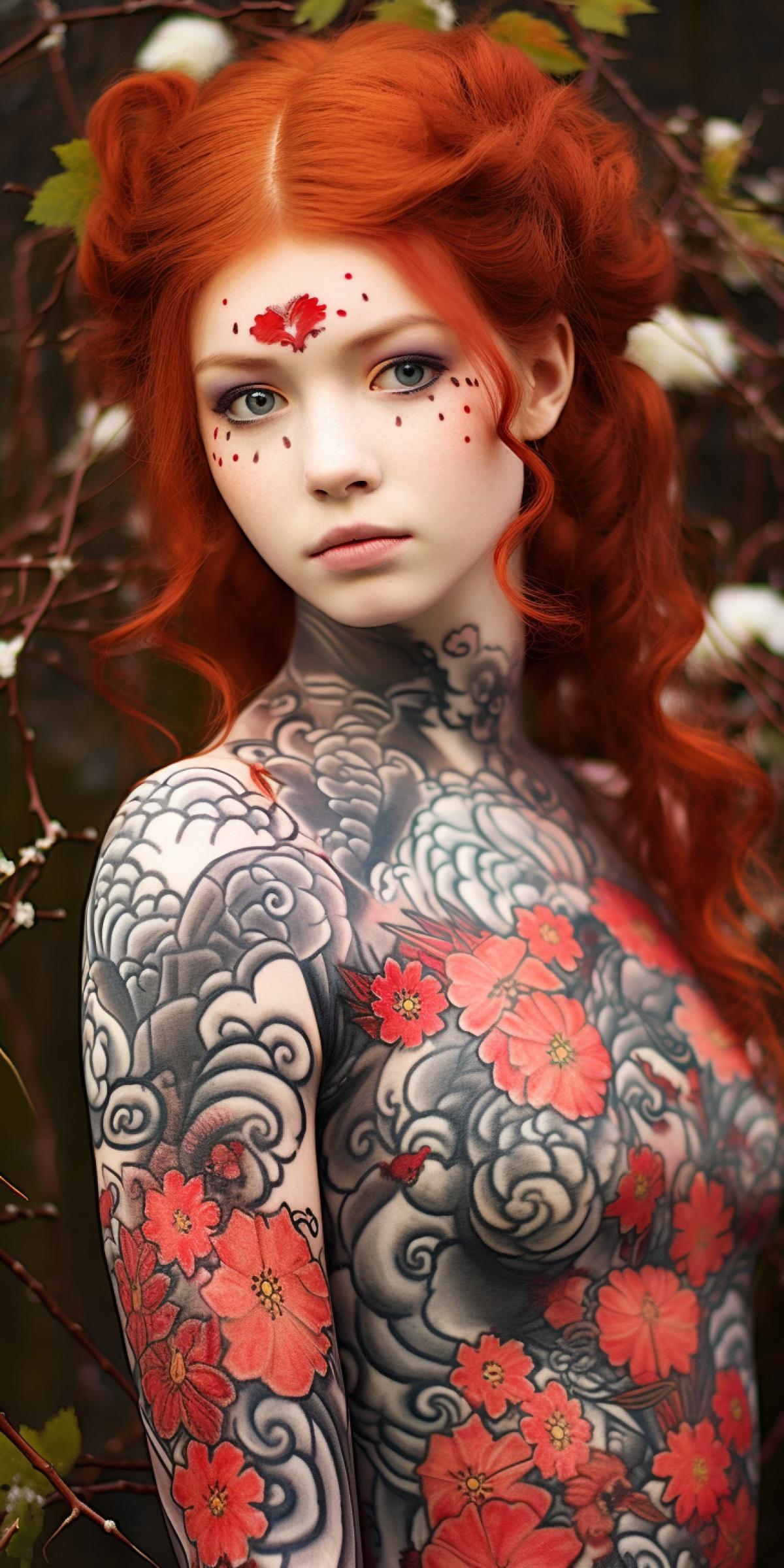 Red-haired girl painted with Japanese motifs Body art, professional body art, outdoor photo