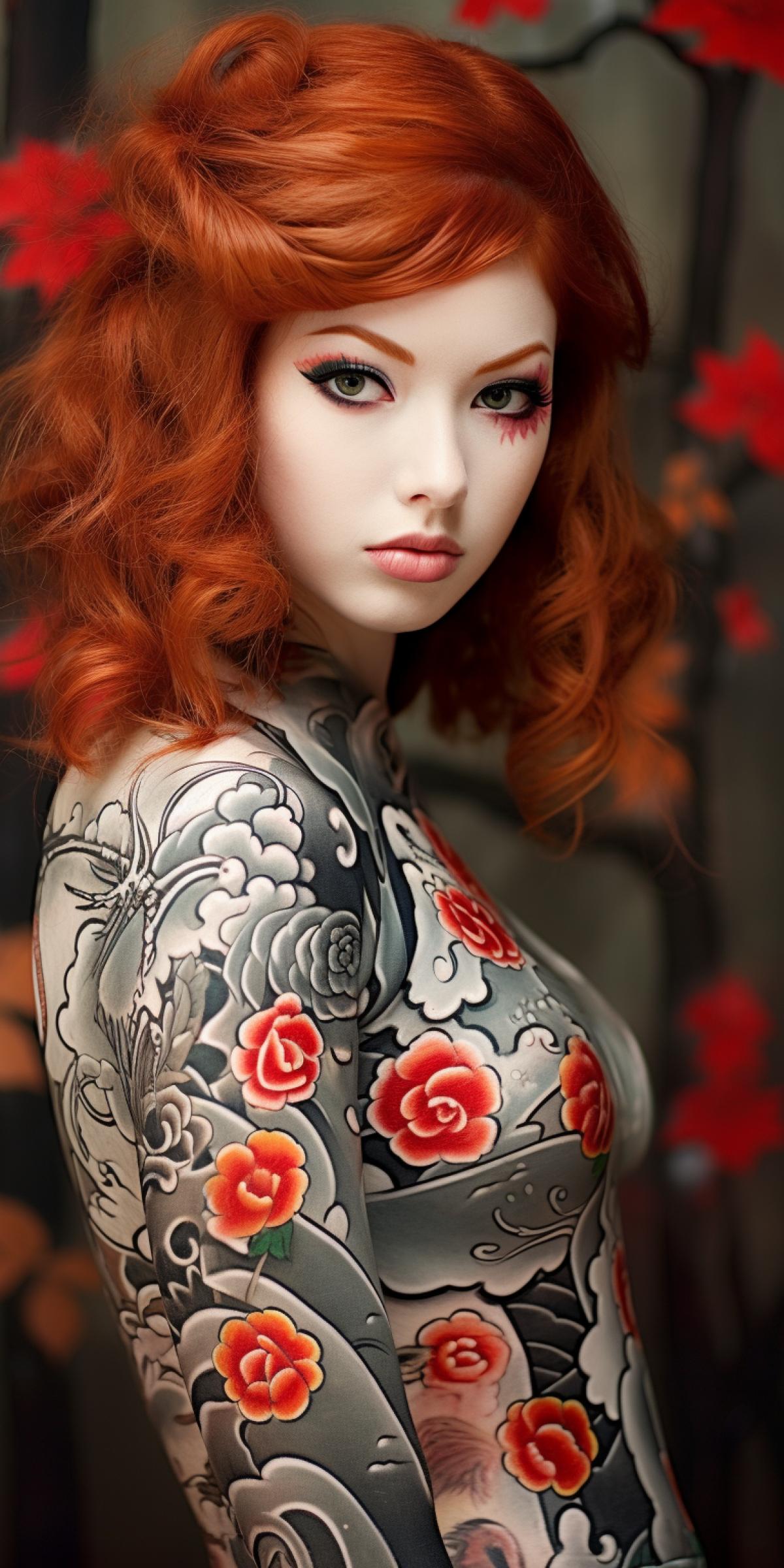 Red-haired girl painted with Japanese motifs Body art, professional body art, outdoor photo
