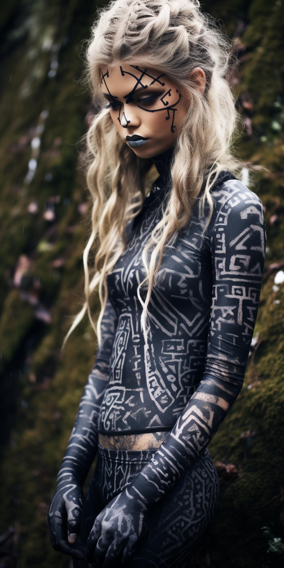 Scandinavian girl painted with dark runes, Body art, professional body art, photo in Scandinavian nature