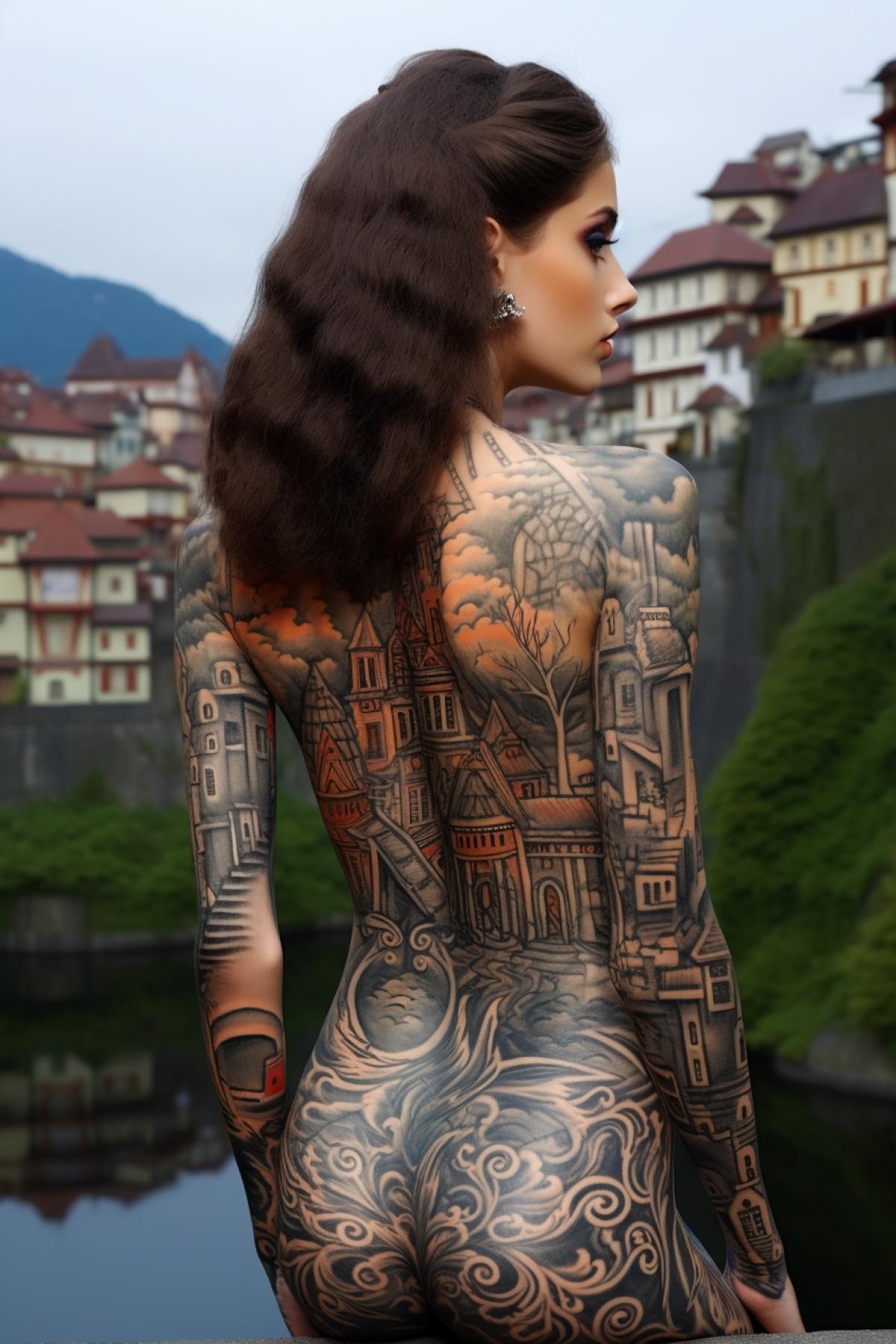 body art, a girl of European appearance, painted with architectural motifs, ancient houses of a European town