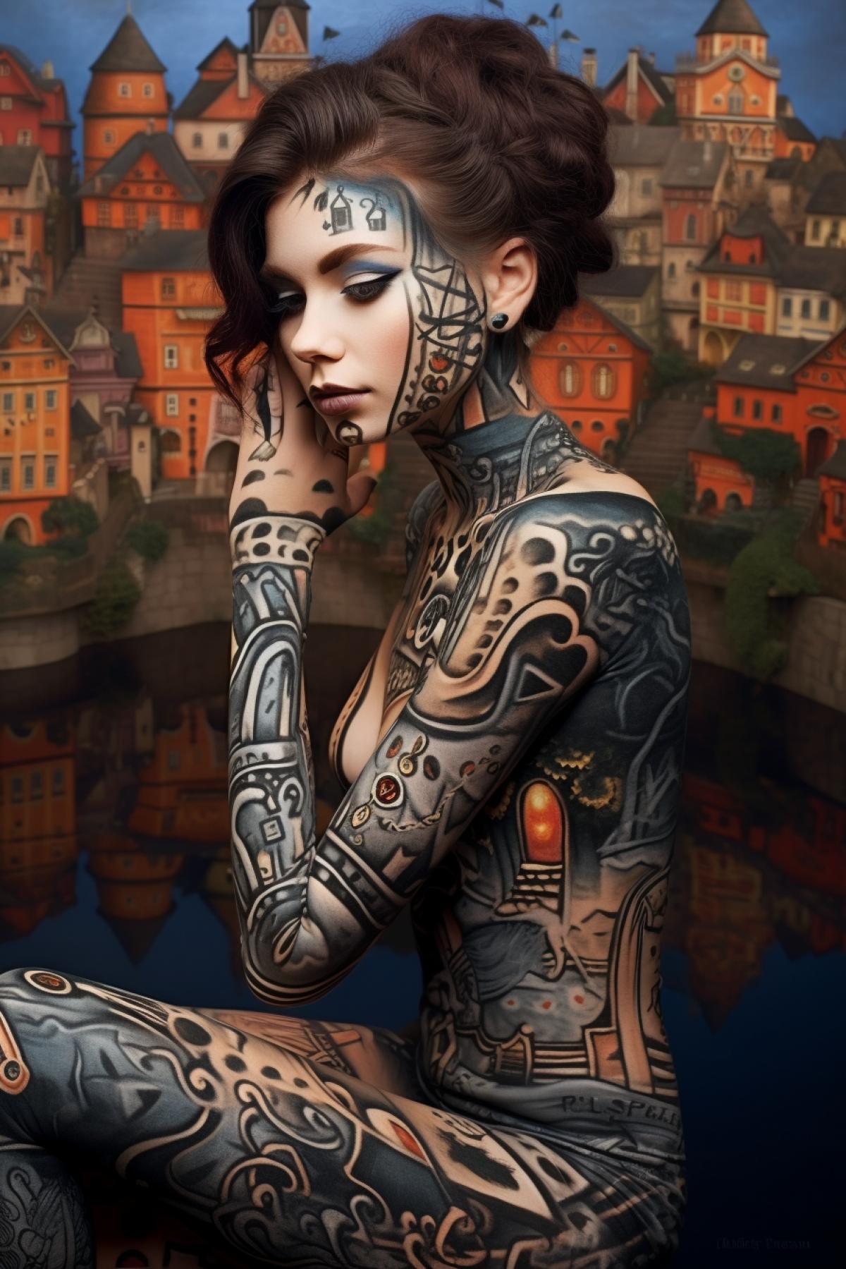 body art, a girl of European appearance, painted with architectural motifs, ancient houses of a European town