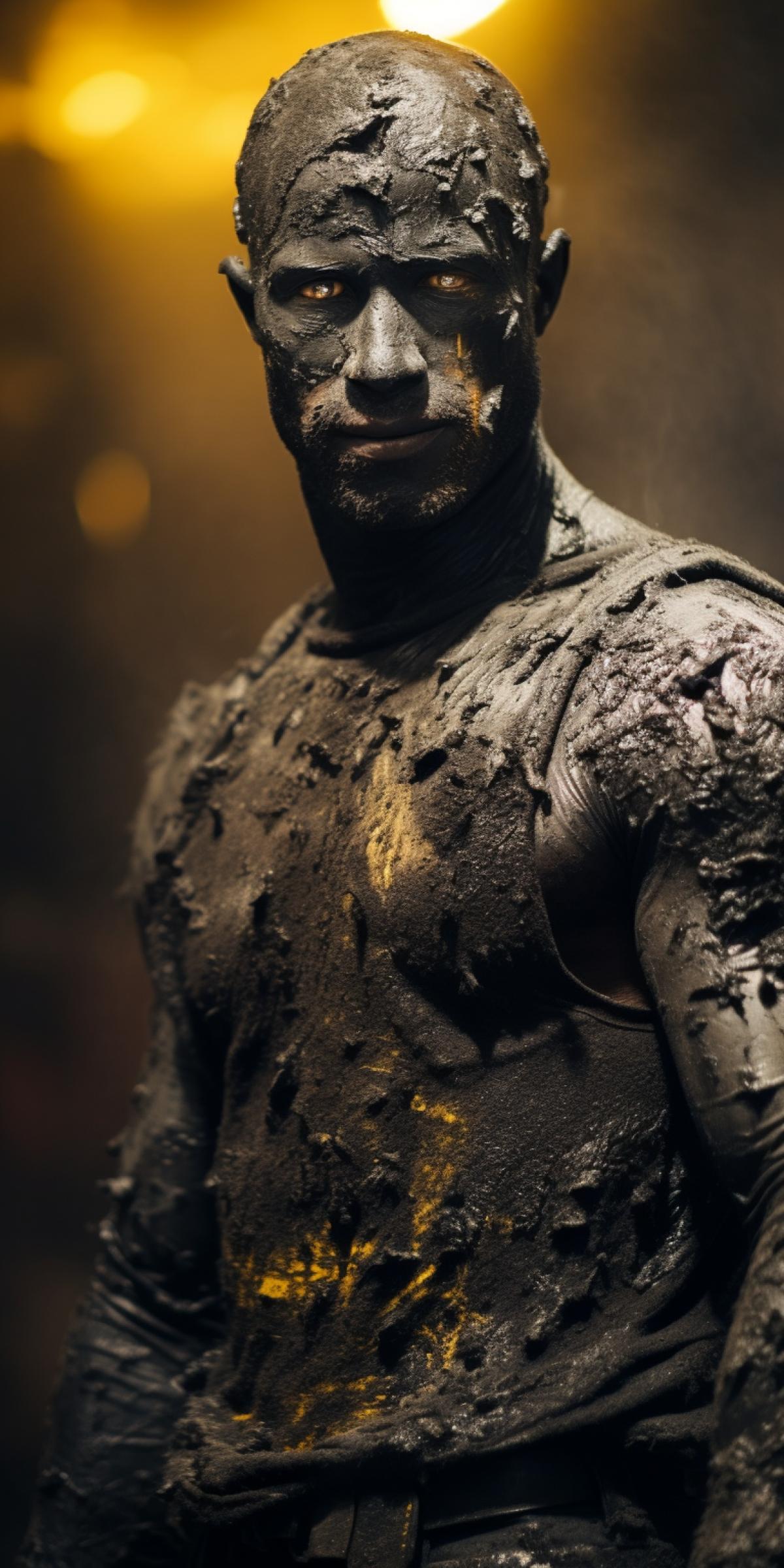 muscular miner with luxury torso, all smeared with coal, heat, photo in the mine, grainy photo, contrasts, depth of field, high resolution, coal dust background
