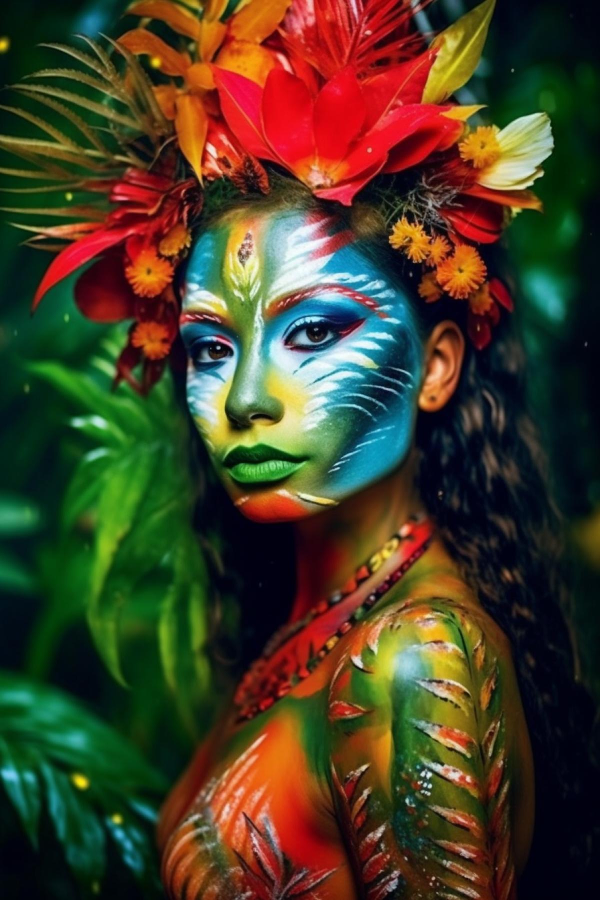 Body art, A girl with an exotic appearance, painted with bright colors in the style of tropical flowers and leaves, against the backdrop of a tropical forest, professional body art, outdoor photography