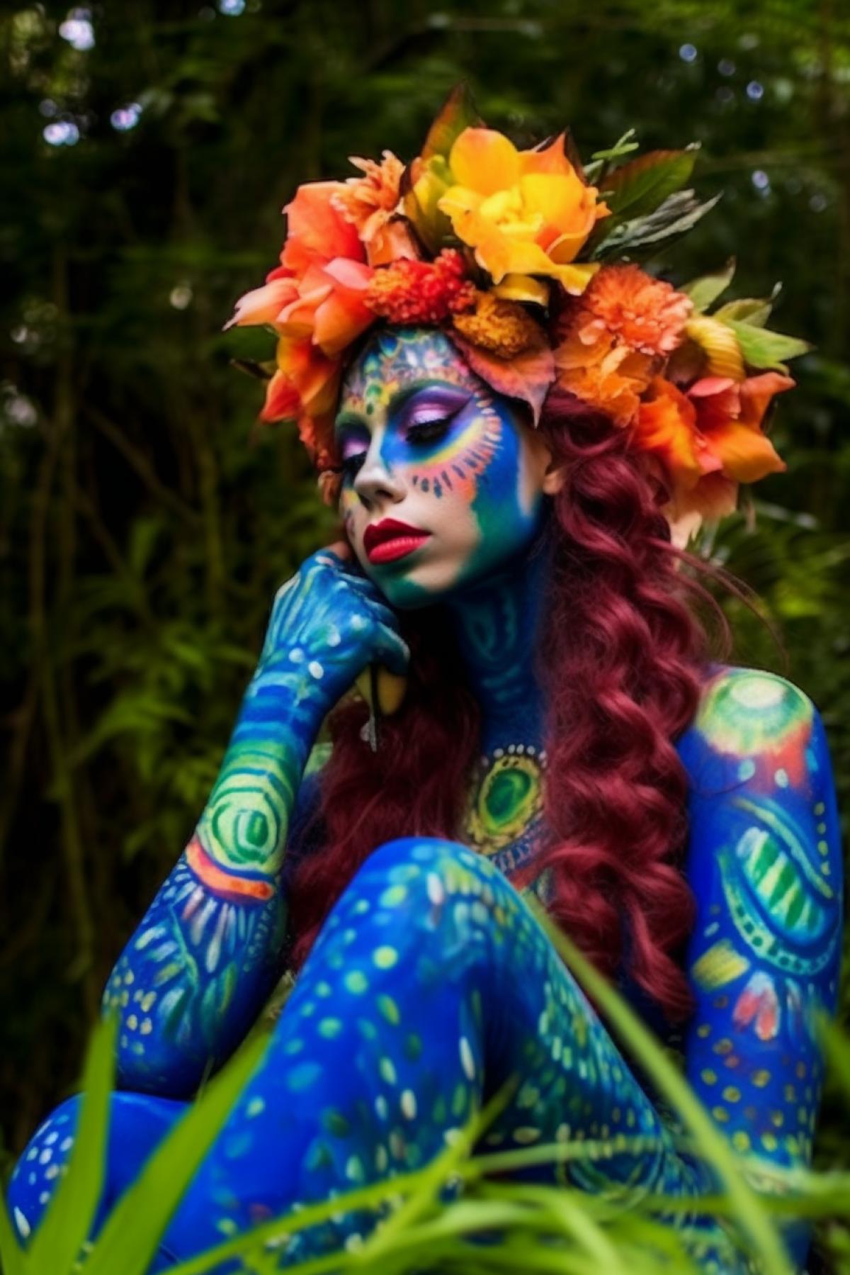 Body art, A girl with an exotic appearance, painted with bright colors in the style of tropical flowers and leaves, against the backdrop of a tropical forest, professional body art, outdoor photography