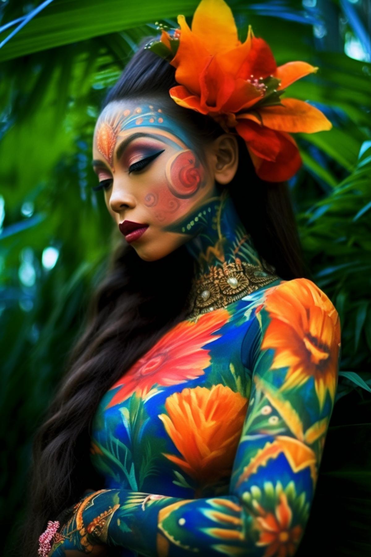 Body art, A girl with an exotic appearance, painted with bright colors in the style of tropical flowers and leaves, against the backdrop of a tropical forest, professional body art, outdoor photography